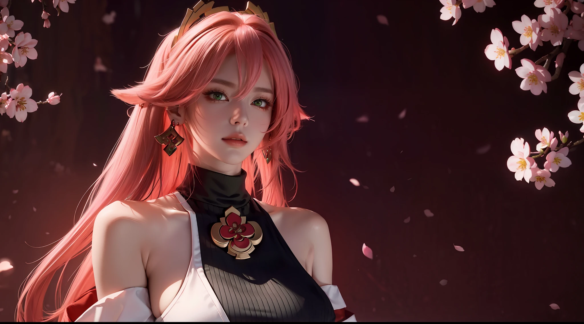 (Masterpiece, Excellent, 1girl, solo, complex details, color difference), realism, ((medium breath)), off-the-shoulders, big breasts, sexy, Yae Miko, long pink hair, red headdress, red highlight, hair above one eye, green eyes, earrings, sharp eyes, perfectly symmetrical figure, choker, neon shirt, open jacket, turtleneck sweater, against the wall, brick wall, graffiti, dim lighting, alley, looking at the audience, ((mean, seductive, charming)), ((cherry blossom background ))),((Japanese temple background)))), (((Glow-in-the-dark background)))