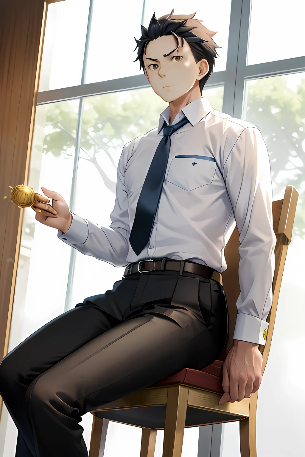 (Adult men:1.5),HD Natsuki Subaru style Pixiu masterpiece,extremely detaile,The man sits in a chair,Golden eyes(Glowing eyes),with short golden hair,in a white shirt,Wear a tie and belt,perspire,The angle of view is taken from below。