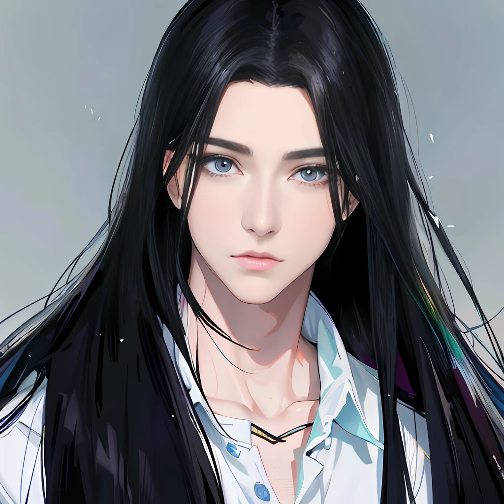 Anime - Retrato estilo de um homem com cabelo preto longo, homem bonito anime, cara bonito na arte demon slayer, Retrato anime de um homem bonito, com longos cabelos escuros, Arte no estilo de Guweiz, inspirado em Zhang Han, retrato impressionante do rosto do anime, Beautiful androgynous prince, arte de anime realista, Cai Xukun, com seus longos cabelos pretos