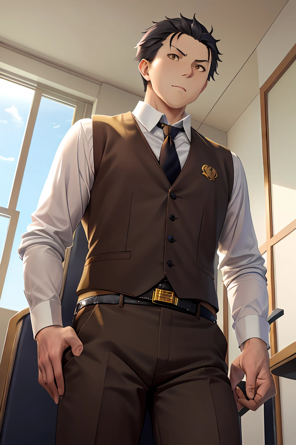 (Adult men:1.5),HD Natsuki Subaru style Pixiu masterpiece,extremely detaile,The man sits in a chair,Golden eyes(Glowing eyes),with short golden hair,in a white shirt,Wear a tie and belt,perspire,The angle of view is taken from below。