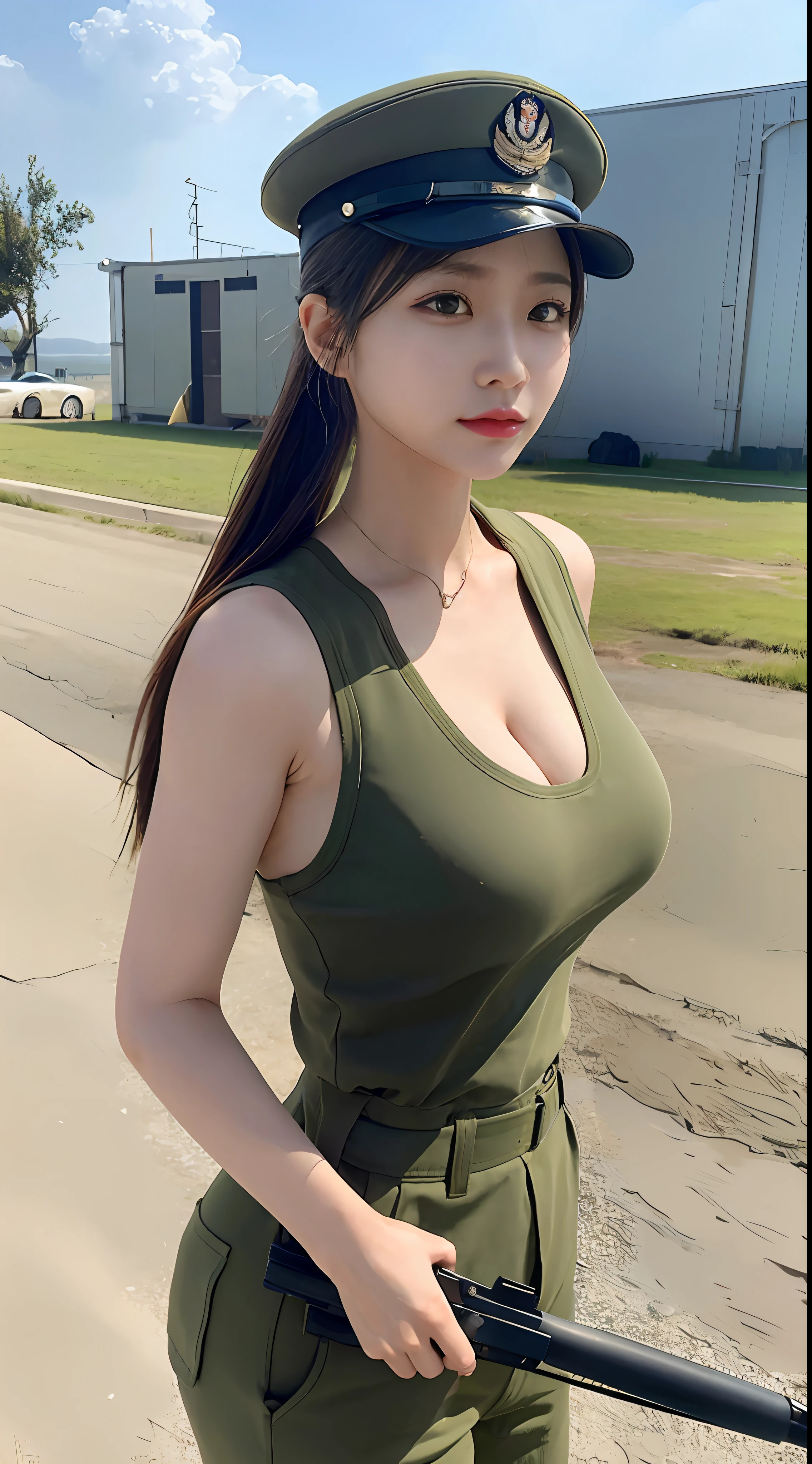 Hyper-detailing, A high resolution, (realisticlying, realisticlying:1.4), 8K, (best qualtiy), physically-based renderingt, photograph of-realistic, professional colorgraded, top-quality, girl soldier, Holding a gun, aiming at viewer, long whitr hair, Slim body, army suit, 比基尼, Soldier cap, Hair tied, military unit, tanks, fighter jets,(Cleavage 1.2)