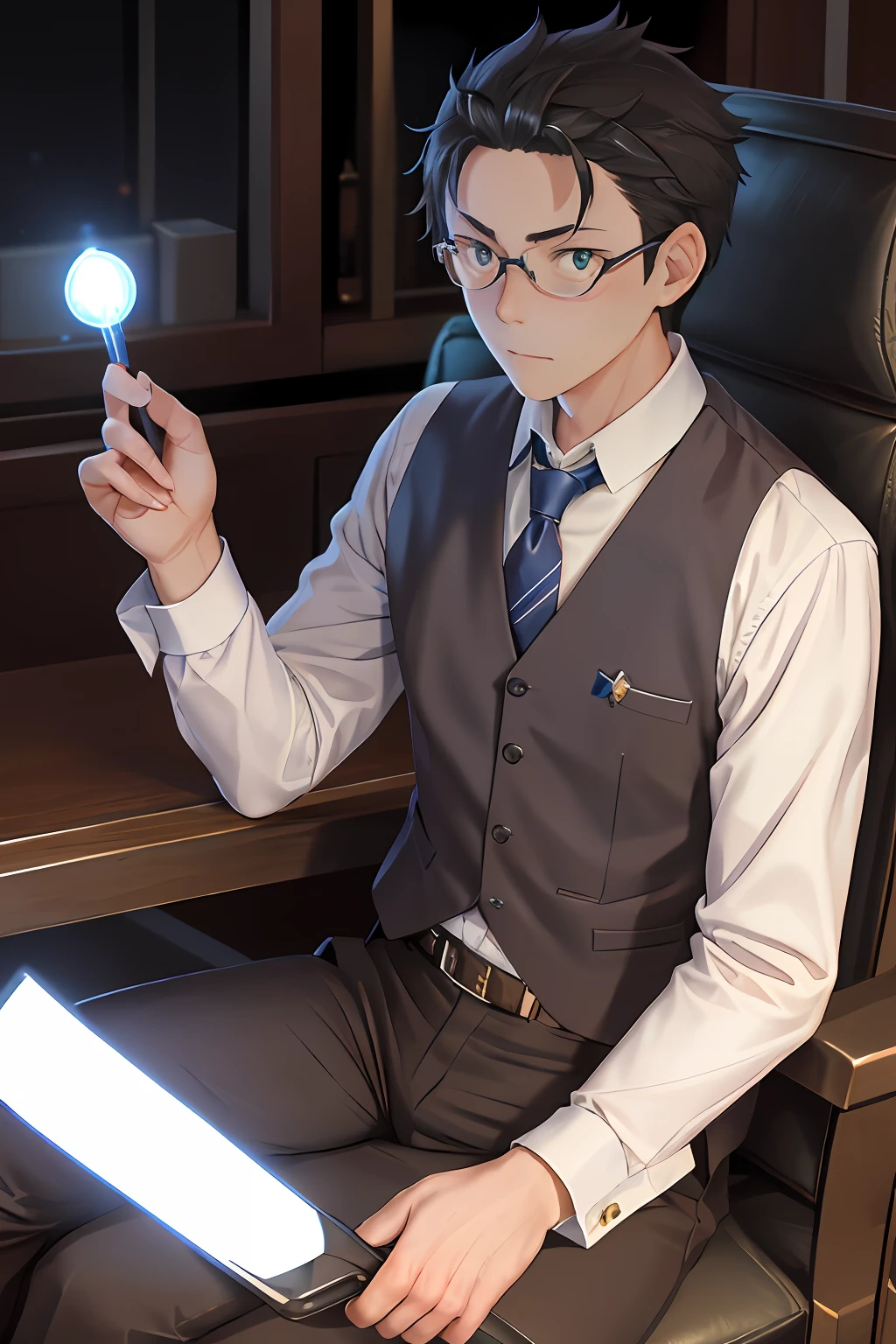 (1 Adult male),A high resolution, Sharp focus, Pixiv masterpiece, ((Complicated details)), highly detailed, natsuki_subaru, 1 man, serious,full bodyesbian,sit astride, Blue eyes(glowing light eyes), with short white hair,white shirt,Wear a tie,Wear a belt,perspire,look from down