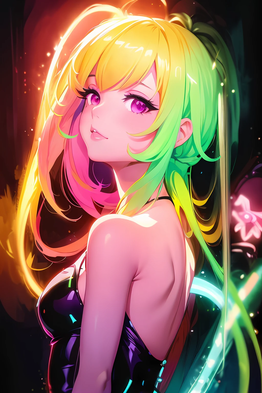 anime girl with long hair and neon hair in a black dress, artgerm colorful!!!, portrait knights of zodiac girl, anime style 4 k, rossdraws cartoon vibrant, seductive anime girl, colorful glow, anime art wallpaper 4 k, anime art wallpaper 4k, digital anime art!!, best anime 4k konachan wallpaper, anime art wallpaper 8 k