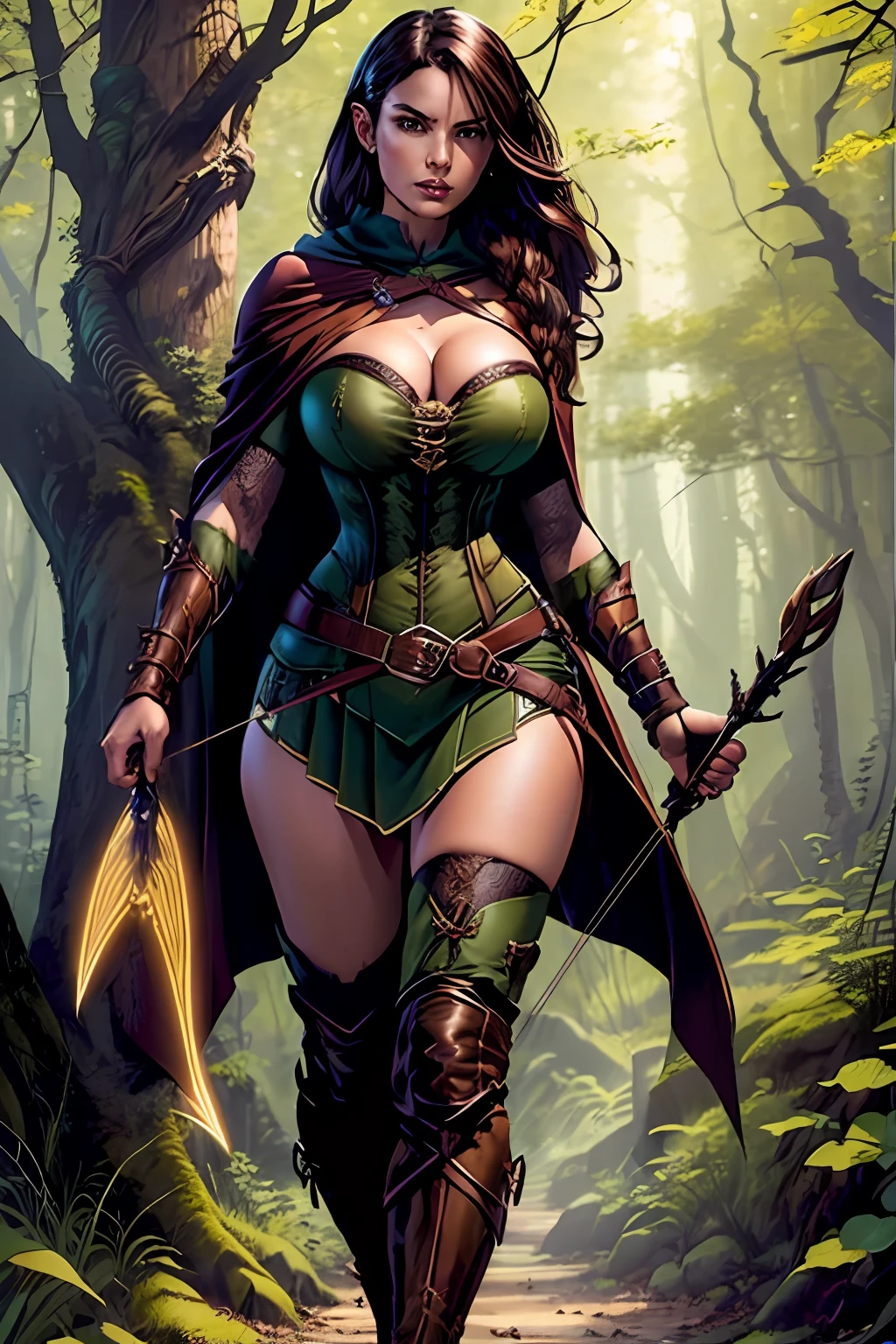 (masterpiece, top quality, best quality, official art, beautiful and aesthetic:1.2), (1girl:1.3), dark brown hair in a single braid, extremely detailed, portrait, looking at viewer, solo, (full body:0.6), detailed background, close up, cat eyes, (warm summer forest theme:1.1), elf ranger, charlatan, smirk, mysterious, walking in forest, revealing ranger attire, brown leather, cowl, cloak, corset, long boots, buckles, straps, pouches, bow and arrow, green fabric, brown leather, (((gigantic breasts, cleavage, skindentation))), slim waist, slim hips, long legs, medieval (forest exterior:1.1) background, dark mysterious lighting, shadows, magical atmosphere, dutch angle