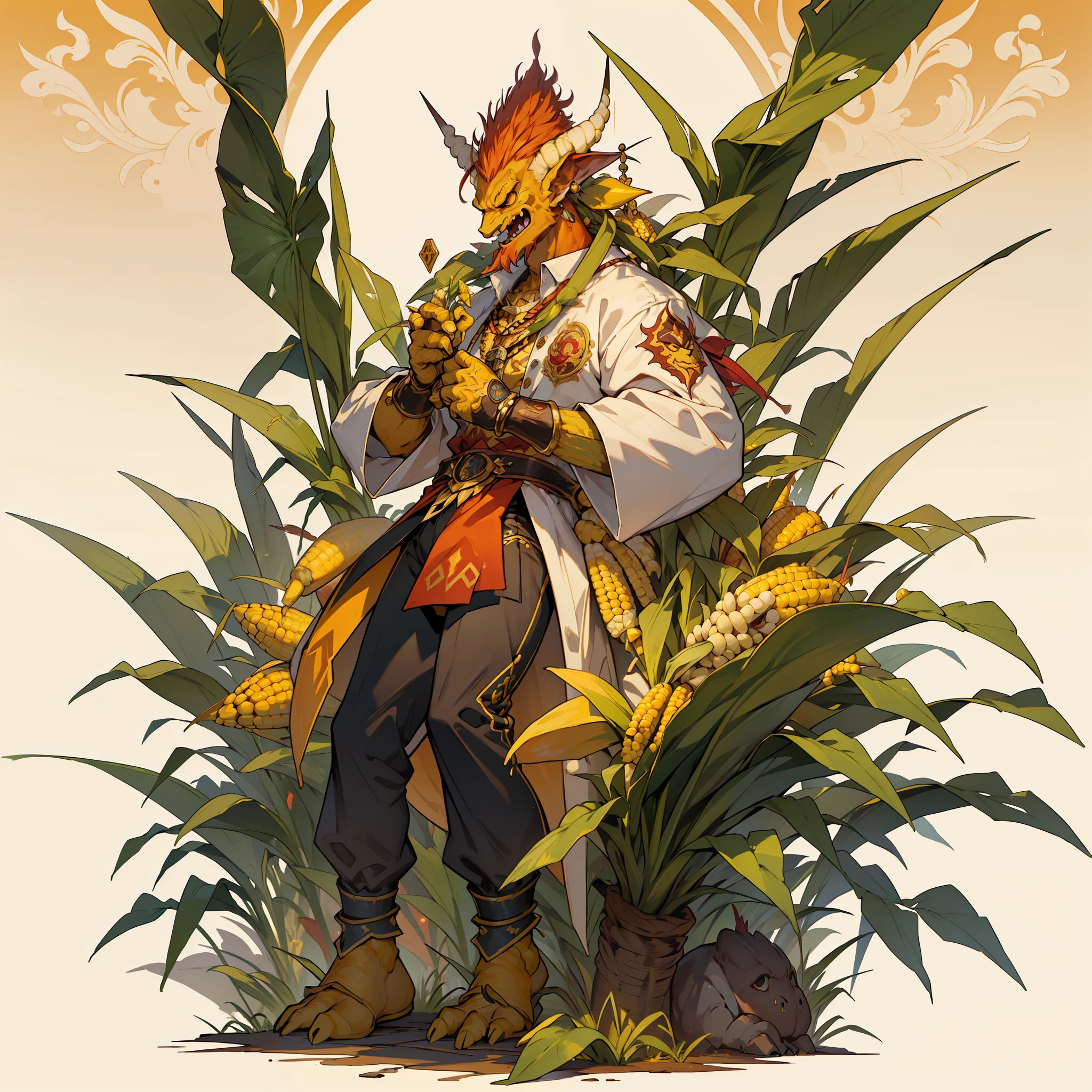 ((top-quality))、((tmasterpiece)),((Full body photo of a man))、((very simple background))、(Game character design)、(Corn anthropomorphic),Corn anthropomorphic monster、monster design,Corn blends with the body,soloist,(Corn element clothes,Corn decoration)、Cartoony、Beastman、Ornaments with corn motifs,独奏,Fighting posture