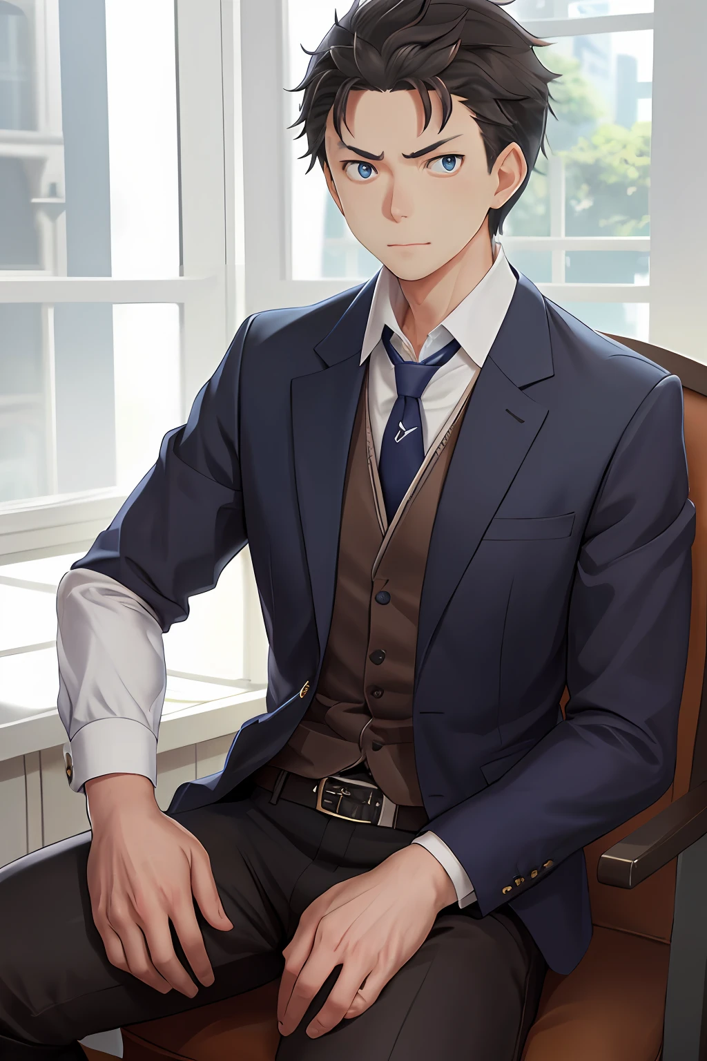 (1 Adult male),A high resolution, Sharp focus, Pixiv masterpiece, ((Complicated details)), highly detailed, natsuki_subaru, 1 man, serious,full bodyesbian,sit astride, Blue eyes(glowing light eyes), with short white hair,white shirt,Wear a tie,Wear a belt,perspire,look from down