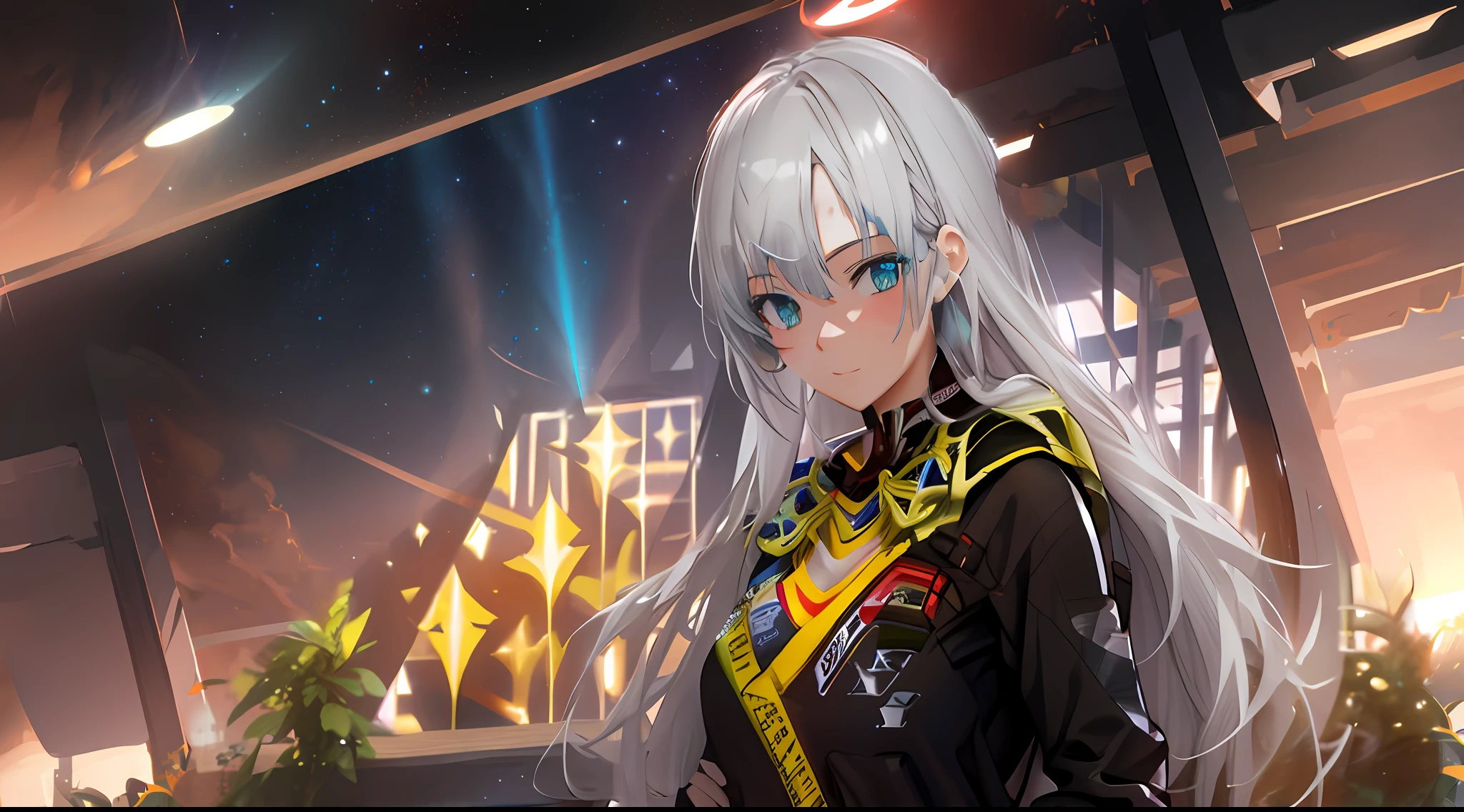 Space traveler,Maiden Governor,anime figure,Turquoise style,portrait of age girl,Gray-haired girl,ssmile