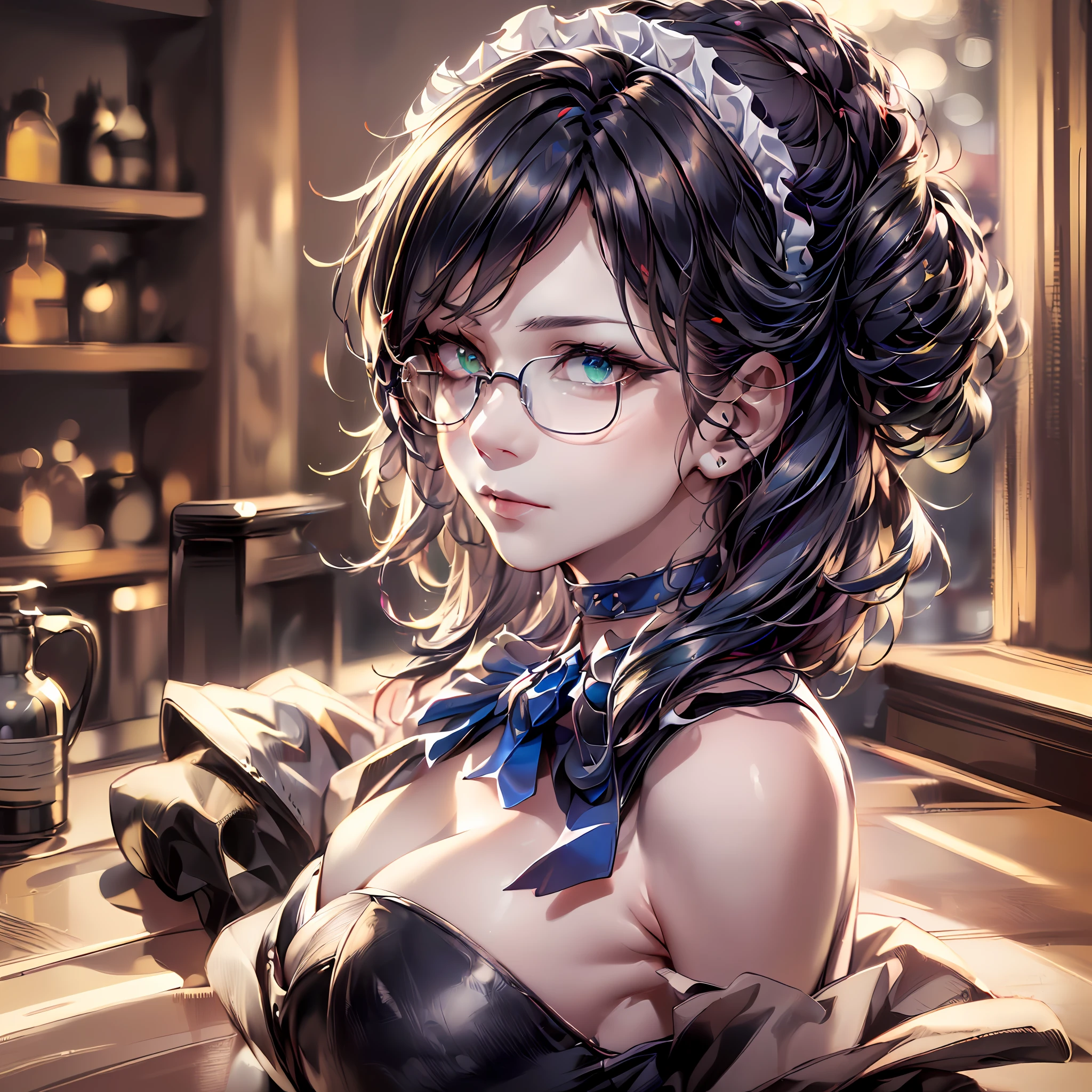 (64k, RAW photo, highres, best quality, masterpiece:2.0), (ultra-fine depiction of the detail:2.0), (realistic, beautiful, photo-realistic:1.3), 1girl, (yuri alpha), (long black hair, slightly messy), (slightly messy diagonal bangs:1.1), (single braid bun), (shiny black hair, blue-gray eyes),(cool glasses), (gothic style vivid blue choker), (blue bowtie and ribbon) (simple but high-quality maid dress), (elaborately designed, vivid dark emerald green, spiked gantlets), (solemn maid dress with gothic style coreset), (huge breasts, sexy cleavage), (elegant and handsome woman), (shiny skin, pink lips), (looking at the viewer), (closed mouth, a faint smile), (a caring, gentle gaze towards the viewer:1.2), (at a quiet bar counter, in the night, filled with solemn, mysterious atmosphere), (highly sophisticated professional HDR, with effective ambient occlusion, perfectly optimized effective spot light and front light:1.8), (perfect, natural, harmonious composition), (photo-realistic, ultra-detailed:1.5), ((portrait:1.6))