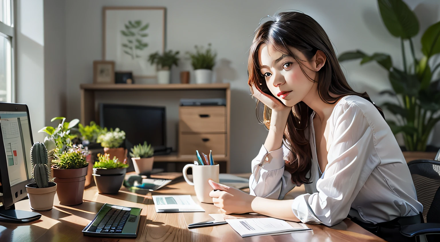 tech illustration, woman at desk surrounded by succulents, simple minimal, by slack and dropbox, style of behance
