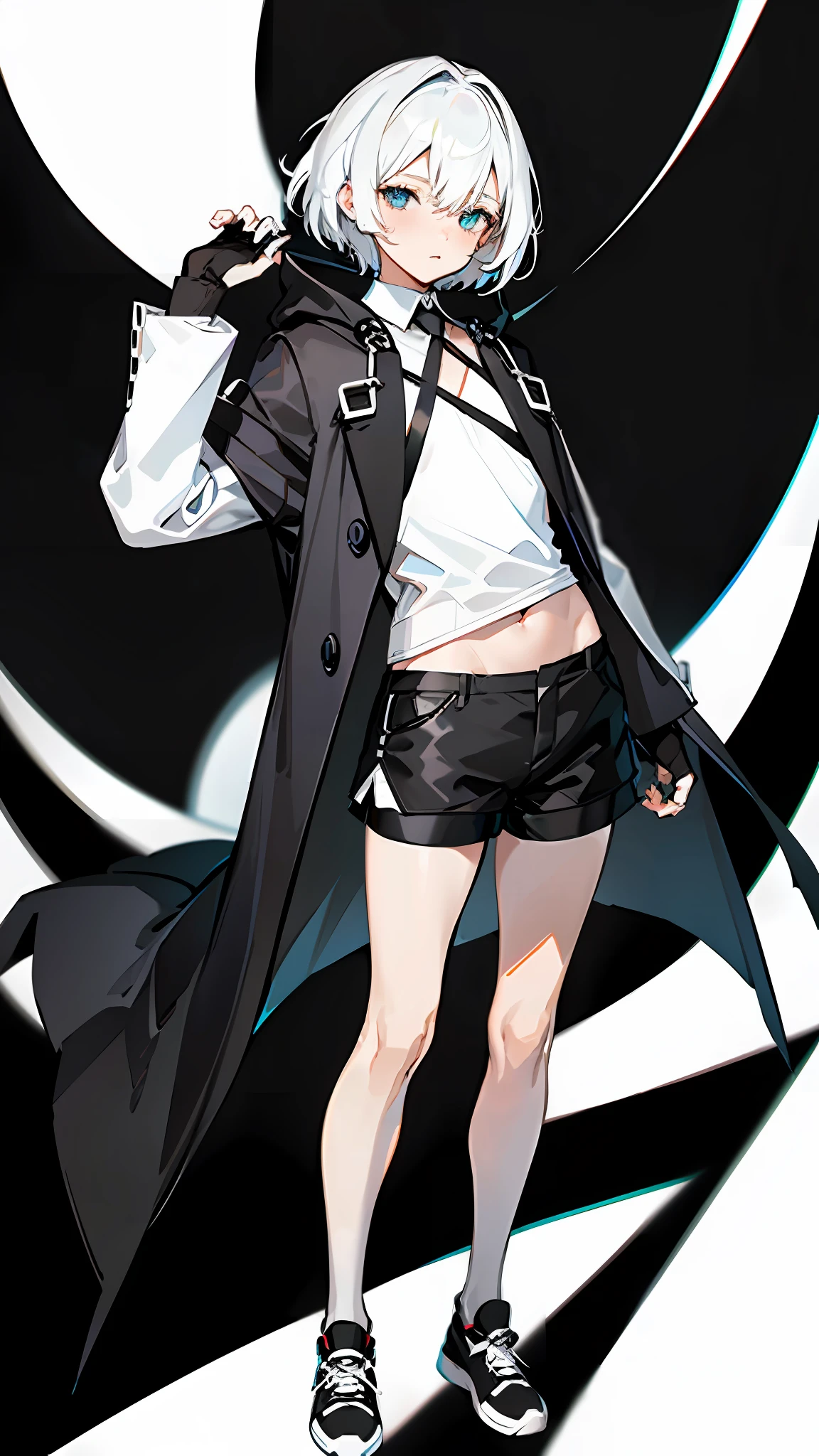Masterpiece, Best quality, Solo,Boy, Pantyhose, White hair,Short hair, (White shirt:1.4),(Black shorts:1.5), blackfootwear, full bodyesbian, Black pantyhose, shirt, Shorts, Coat, Open coat, view the viewer, Hood, Sneakers, Open clothes, Black coat, (Flat chest:1.7), No breasts,Long sleeves, bangs, Fingerless gloves, Short hair, hair between eye,Black background