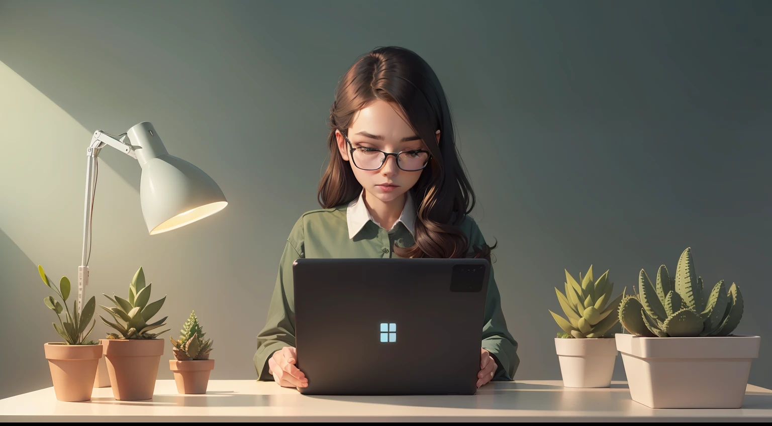 tech illustration, woman at desk surrounded by succulents, simple minimal, by slack and dropbox, style of behance
