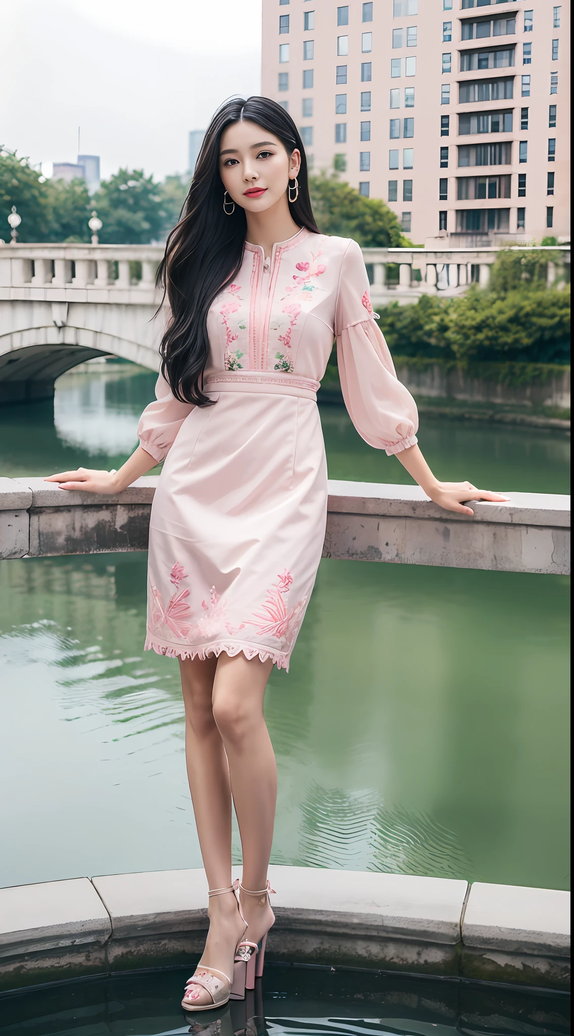 (best qualtiy，8K，32K，tmasterpiece，realisticlying，The is very detailed, hyper HD：1.2), （1girll）, Young and beautiful beauty，Bright eyes，High nose，Well-proportioned facial features，ssmile， (High-rise skirt pink embroidered dress, Pink high heels，standing on your feet:1.2), long leges，ear studs，A delicate face，The five features are distinct，Fair and smooth skin，Jet black hair，(small bridges，river water)，The roles are very detailed，absurderes