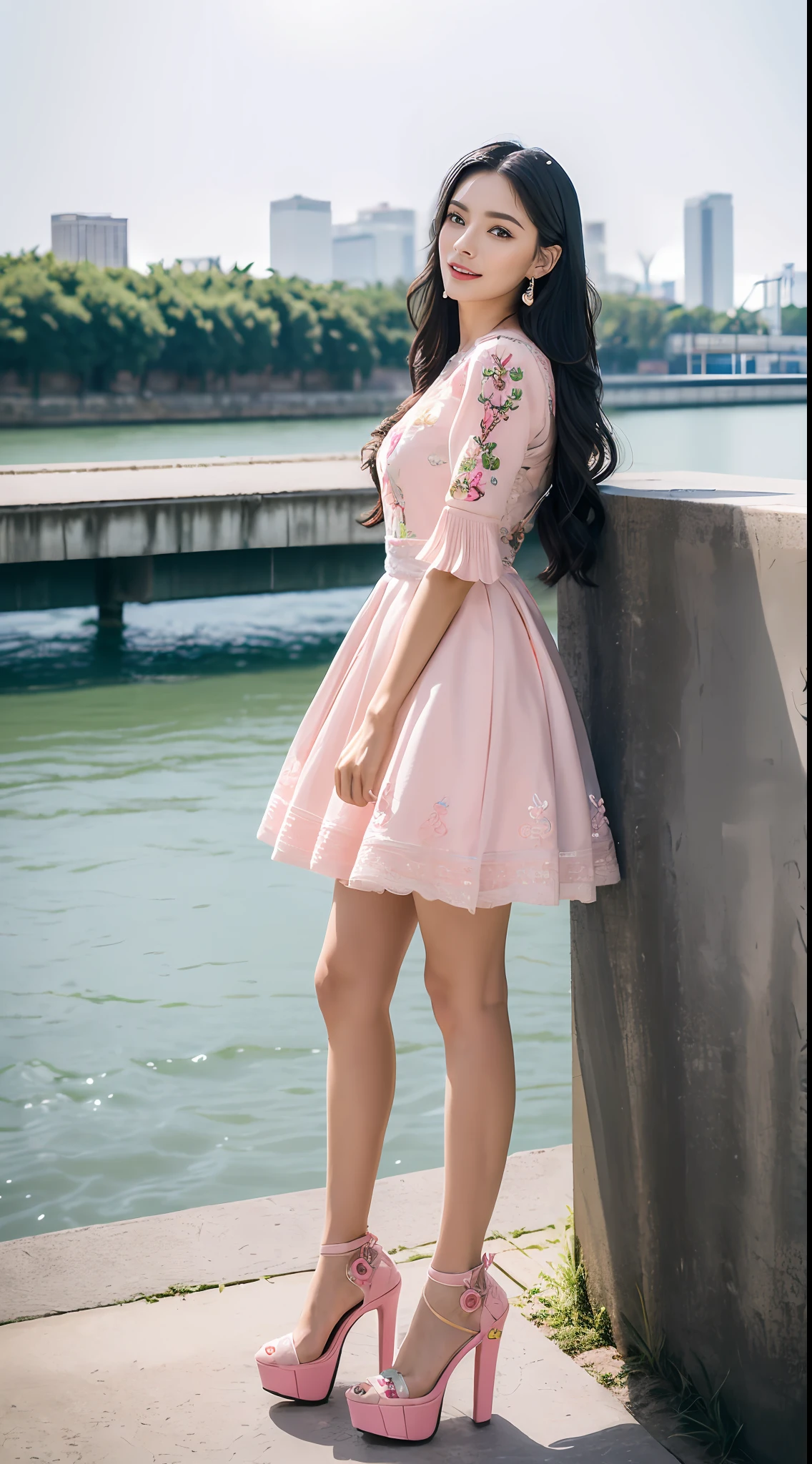 (best qualtiy，8K，32K，tmasterpiece，realisticlying，The is very detailed, hyper HD：1.2), （1girll）, Young and beautiful beauty，Bright eyes，High nose，Well-proportioned facial features，ssmile， (High-rise skirt pink embroidered dress, Pink high heels，standing on your feet:1.2), long leges，ear studs，A delicate face，The five features are distinct，Fair and smooth skin，Jet black hair，(small bridges，river water)，The roles are very detailed，absurderes