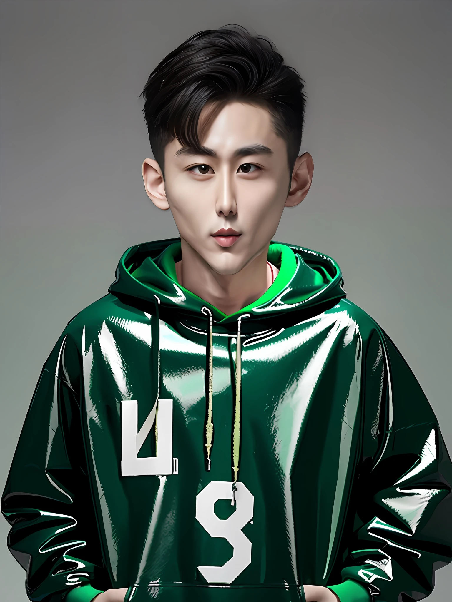 A Chinese male high school student，Wear a green PVC sweatshirt，Enhance 3D stereoscopic feeling