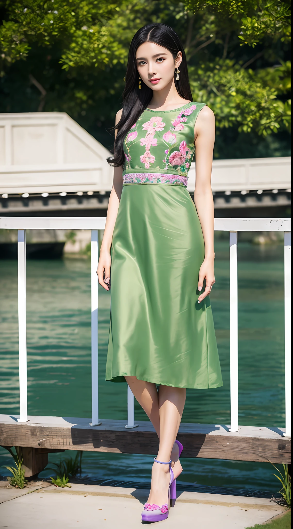 (best qualtiy,8K,32K,tmasterpiece,realisticlying,The is very detailed, hyper HD:1.2), (1girll), Young and beautiful beauty,Bright eyes,High nose,Well-proportioned facial features,ssmile, (High-waisted skirt Baby green embroidered dress, Pink-purple heels,standing on your feet:1.2), long leges,ear studs,A delicate face,The five features are distinct,Fair and smooth skin,Jet black hair,(small bridges,river water),The roles are very detailed,absurderes