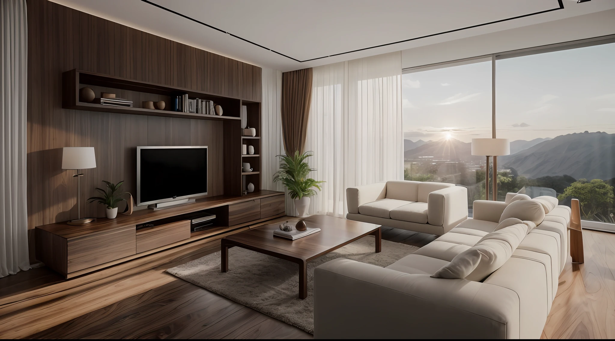 RAW photo, Masterpiece, high quality, best quality, authentic, super detailed,(( walnut furniture )), minimalist architecture, minimalist livingroom, couch, table(white panel, wood panel), 1 rug, shelf tv, sofa, window, curtains,((laminated plaster,))), sunset light)), archdaily architecture, (high detail: 1.2), 8k uhd, dslr, soft light, high quality, film grain, Fujifilm XT3, cinematic lighting, light and shadow from window