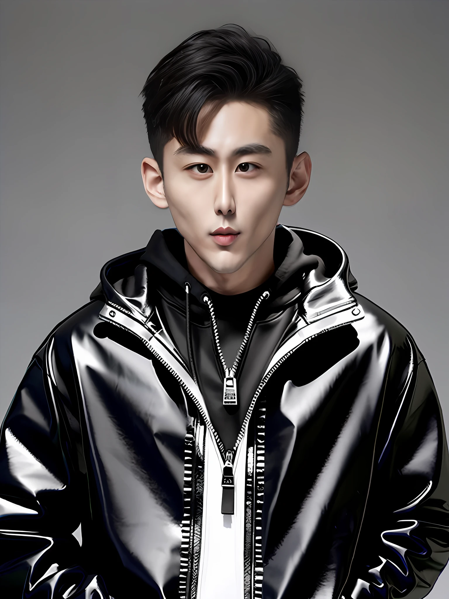 A Chinese male high school student,Wearing a black PVC zippered sweatshirt,Enhance 3D stereoscopic feeling