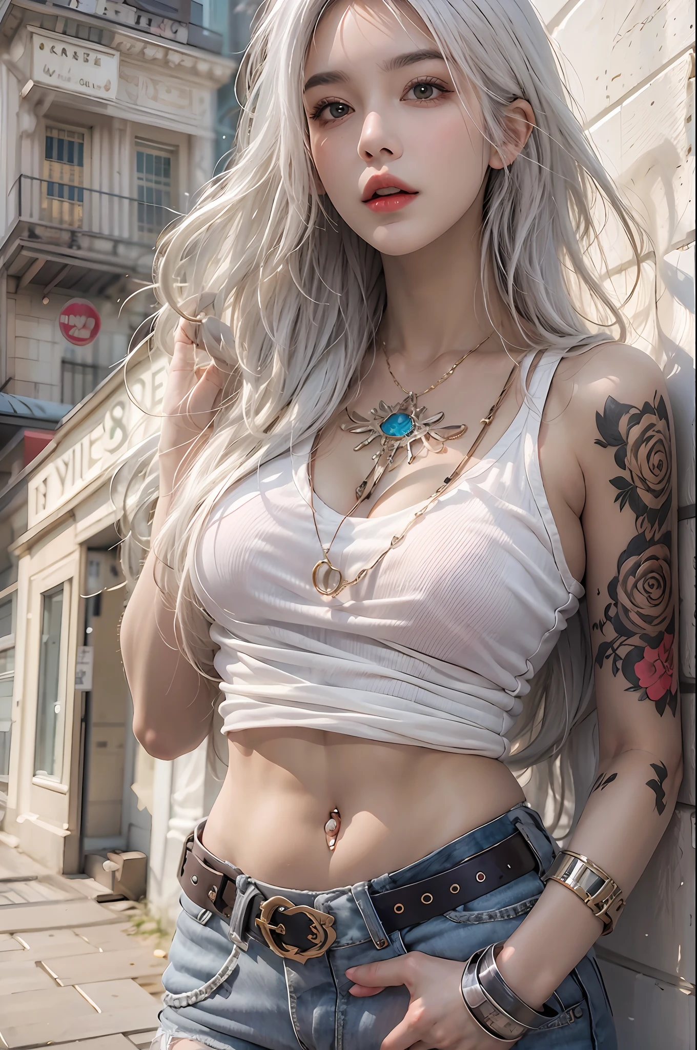 photorealistic, high resolution, 1women, solo, hips up, look at viewer, (detailed face), white hair, long hair, street wear, jewelry, belly tattoo