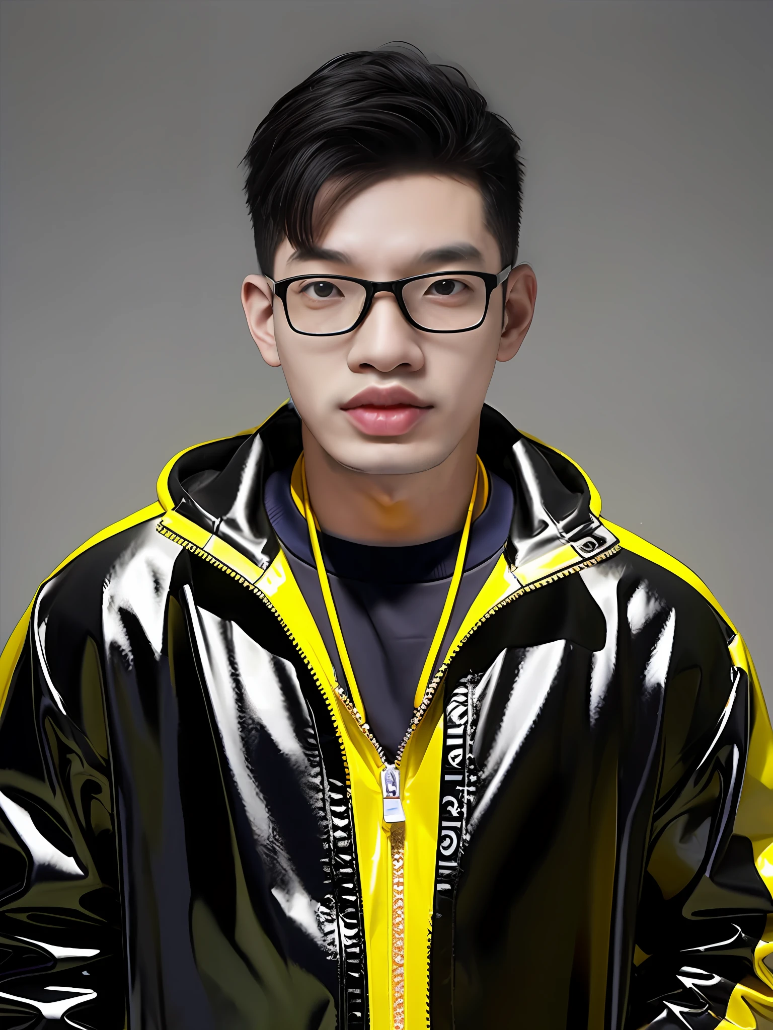 A Chinese male high school student,Wearing a yellow PVC pull tracksuit,Enhance 3D stereoscopic feeling
