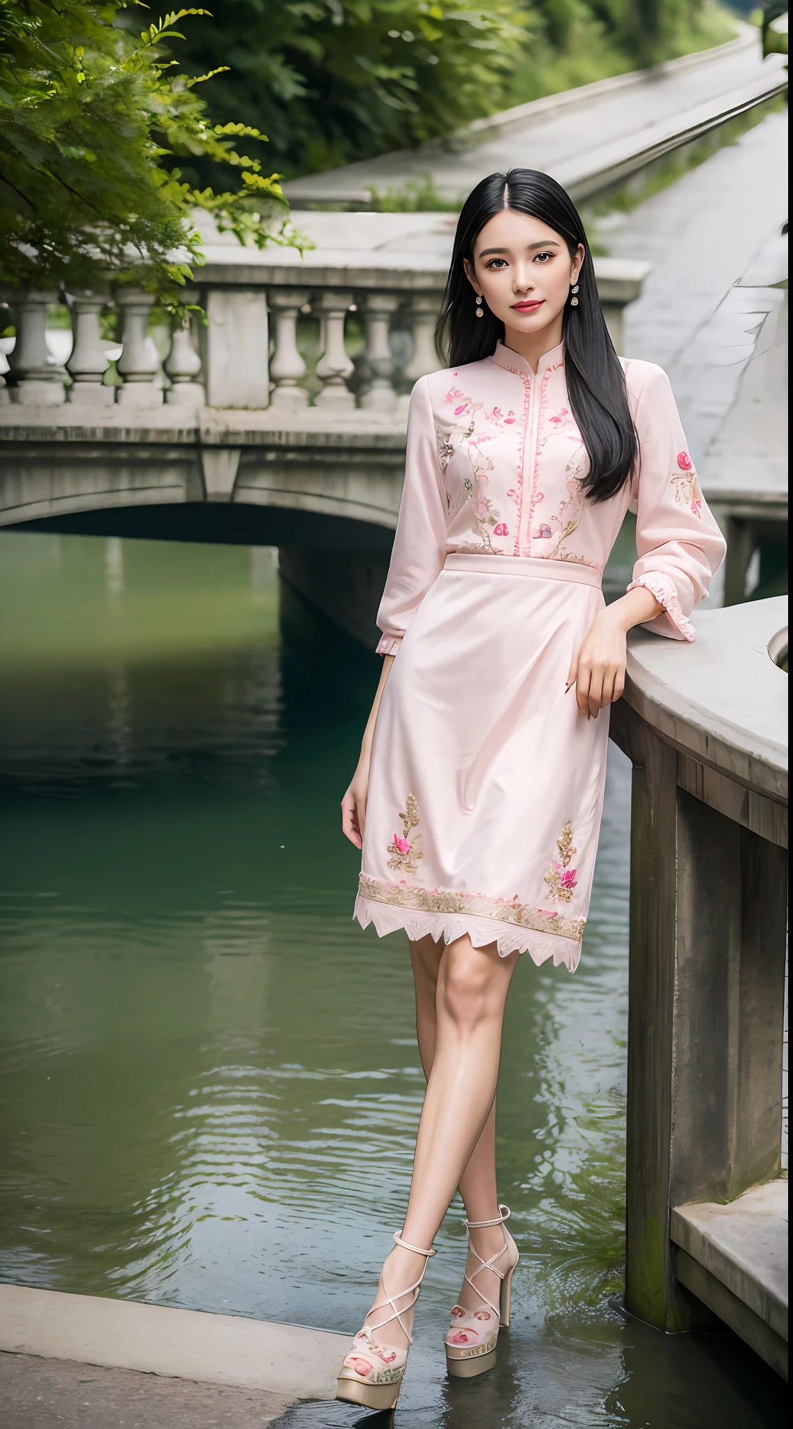 (best qualtiy,8K,32K,tmasterpiece,realisticlying,The is very detailed, hyper HD:1.2), (1girll), Young and beautiful beauty,Bright eyes,High nose,Well-proportioned facial features,ssmile, (High-rise skirt pink embroidered dress, Pink high heels,standing on your feet:1.2), long leges,ear studs,A delicate face,The five features are distinct,Fair and smooth skin,Jet black hair,(small bridges,river water),The roles are very detailed,absurderes