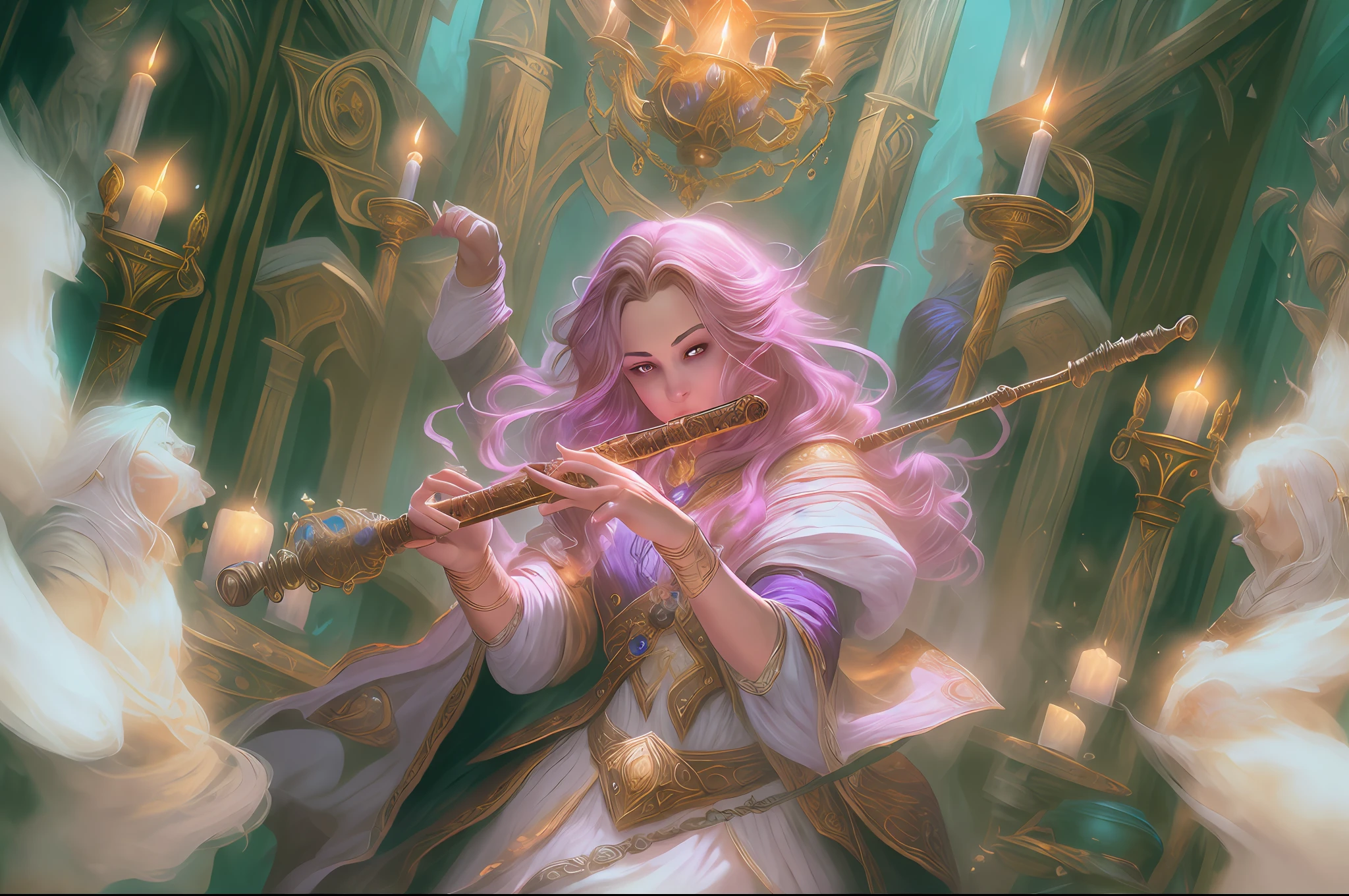 an ultra wide, full body, a picture  of a human female   (intense details, Masterpiece, best quality: 1.5) fantasy bard, fantasy enchanter,  playing a flute and enchanting people with magical song, colorful clothes, dynamic clothing, epic beautiful female bard  (intense details, Masterpiece, best quality: 1.5), dynamic hair, tavern full of crowd, many people (intense details, Masterpiece, best quality: 1.5), bard playing the flute and enchanting audience  (intense details, Masterpiece, best quality: 1.5), candles lights, fantasy chandelier, magical notes, magical sigils in the air  (intense details, Masterpiece, best quality: 1.5) high details, best quality, 8k, [ultra detailed], masterpiece, best quality, (extremely detailed), dynamic angle, ultra wide shot, photorealistic, RAW,  fantasy art, dnd art,fantasy art, realistic art, octane rendering