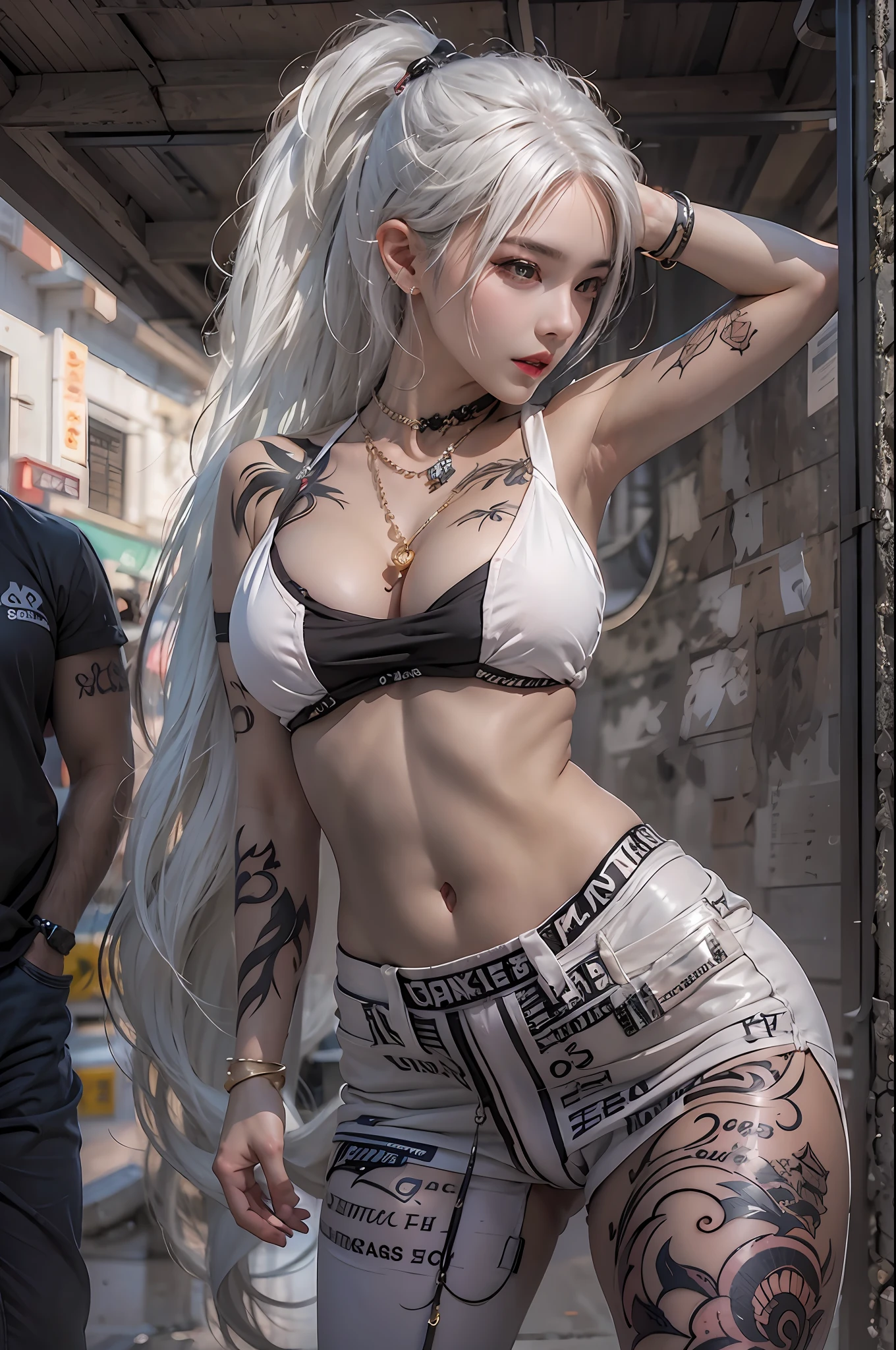 photorealistic, high resolution, 1women, solo, hips up, look at viewer, (detailed face), white hair, long hair, street wear, jewelry, belly tattoo