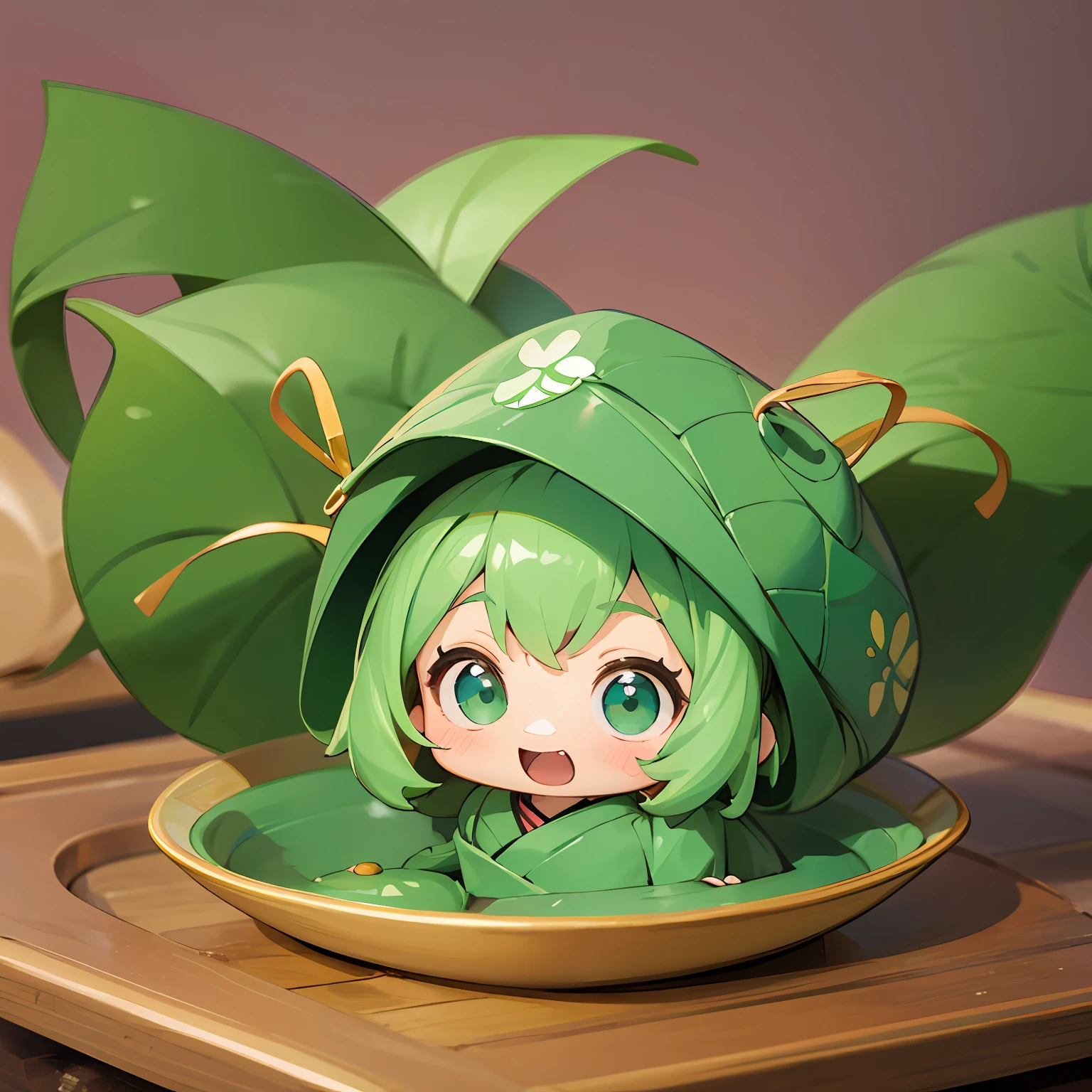 (Little doll wearing green triangular hat)、(Sitting in a large bowl)、cute 3d render、cute detailed digital art、cute digital art、cute cartoon characters、Adorable digital painting、cute little!c4d、cute character、Pop Japonism 3D、(white backgrounid)、ultra-detailliert、Yu Zhiding、3d model of a japanese mascot、Nendoroid 3D、cute forest creature、Oshiruko、Omochi、four leaf clovers、