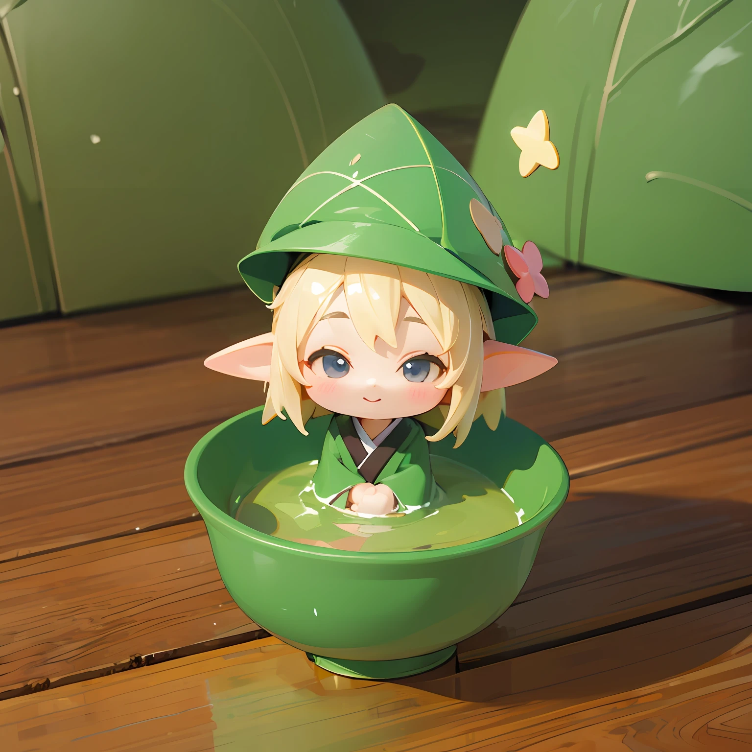 (Little doll wearing green triangular hat)、(Sitting in a large bowl)、cute 3d render、cute detailed digital art、cute digital art、cute cartoon characters、Adorable digital painting、cute little!c4d、cute character、Pop Japonism 3D、(white backgrounid)、ultra-detailliert、Yu Zhiding、3d model of a japanese mascot、Nendoroid 3D、cute forest creature、Oshiruko、Omochi、four leaf clovers、