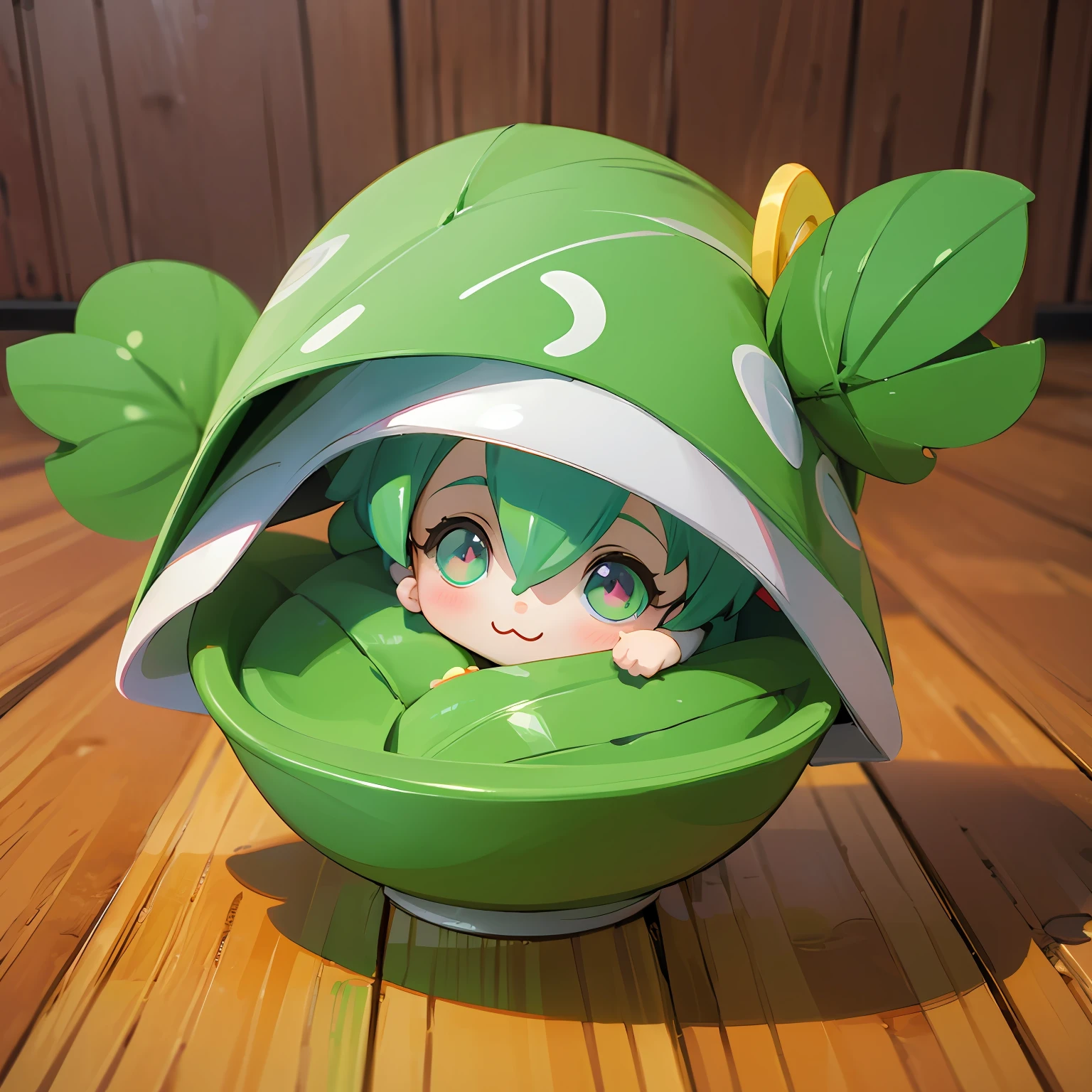 (Little doll wearing green triangular hat)、(Sitting in a large bowl)、cute 3d render、cute detailed digital art、cute digital art、cute cartoon characters、Adorable digital painting、cute little!c4d、cute character、Pop Japonism 3D、(white backgrounid)、ultra-detailliert、Yu Zhiding、3d model of a japanese mascot、Nendoroid 3D、cute forest creature、Oshiruko、Omochi、four leaf clovers、