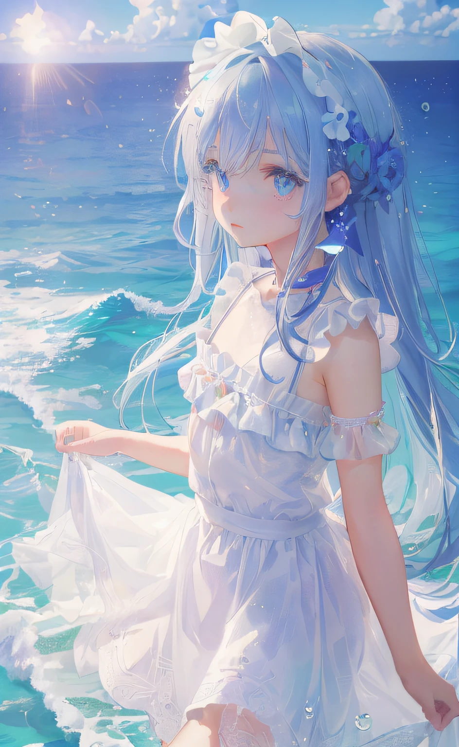 art by Cornflower, dready (A petite girl with beautiful detailed eyes. The depth of field in the photo is perfect and the lens flare adds a nice touch. The fine details on her face really stand out, score because of this photo Definitely greater than 10. In the background, there is a beautiful ocean with clear water and water droplets on the surface