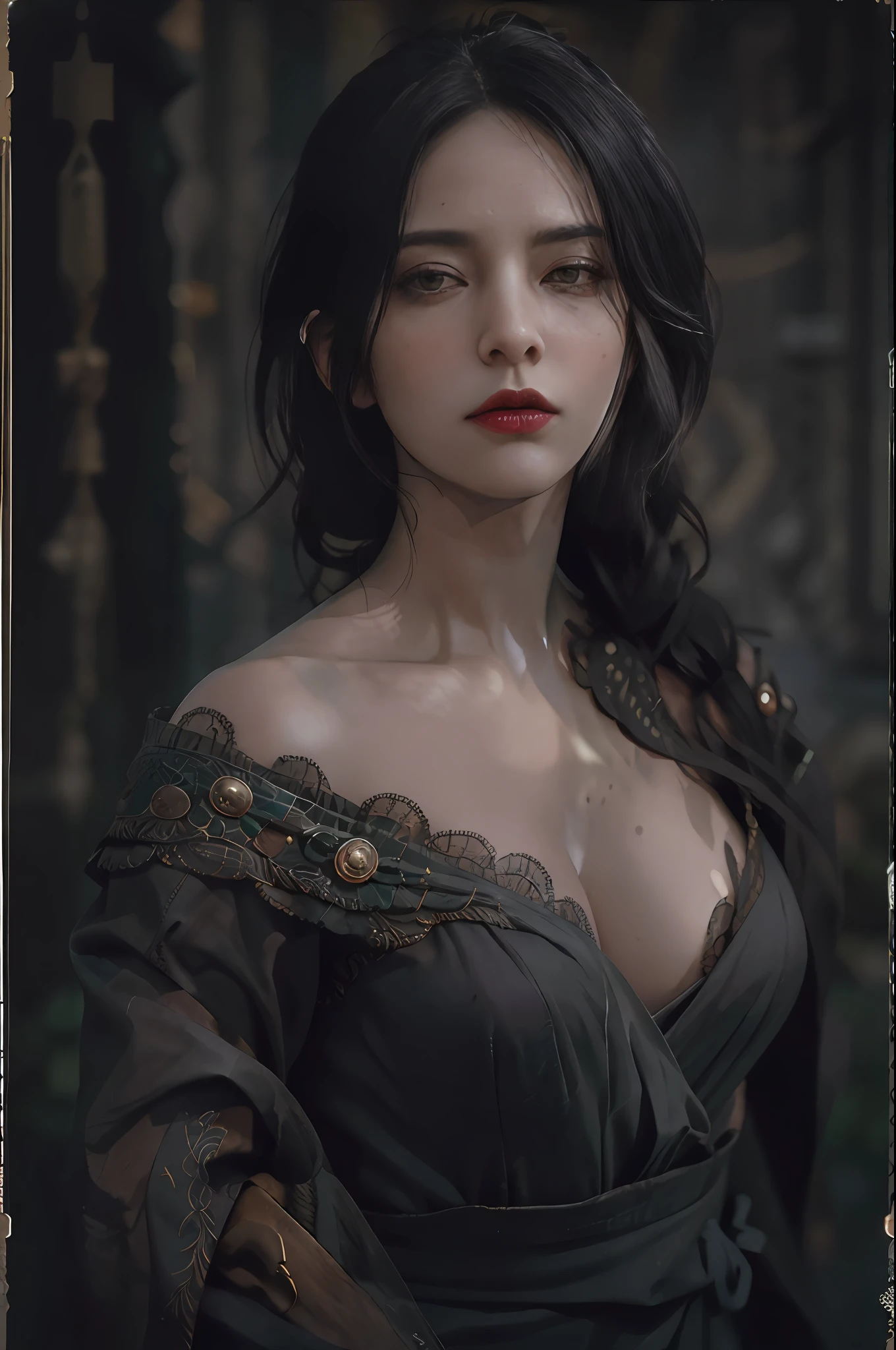 masterpiece, highest quality, RAW, analog style, A stunning portrait of a beautiful woman, morrigan, breast, wearing a mage robe, ((highly detailed skin, skin details)), sharp focus, 8k UHD, DSLR, high quality, film grain, Fujifilm XT3, polaroid, frowning, intricately details, highly detailed, cluttered and detailed background