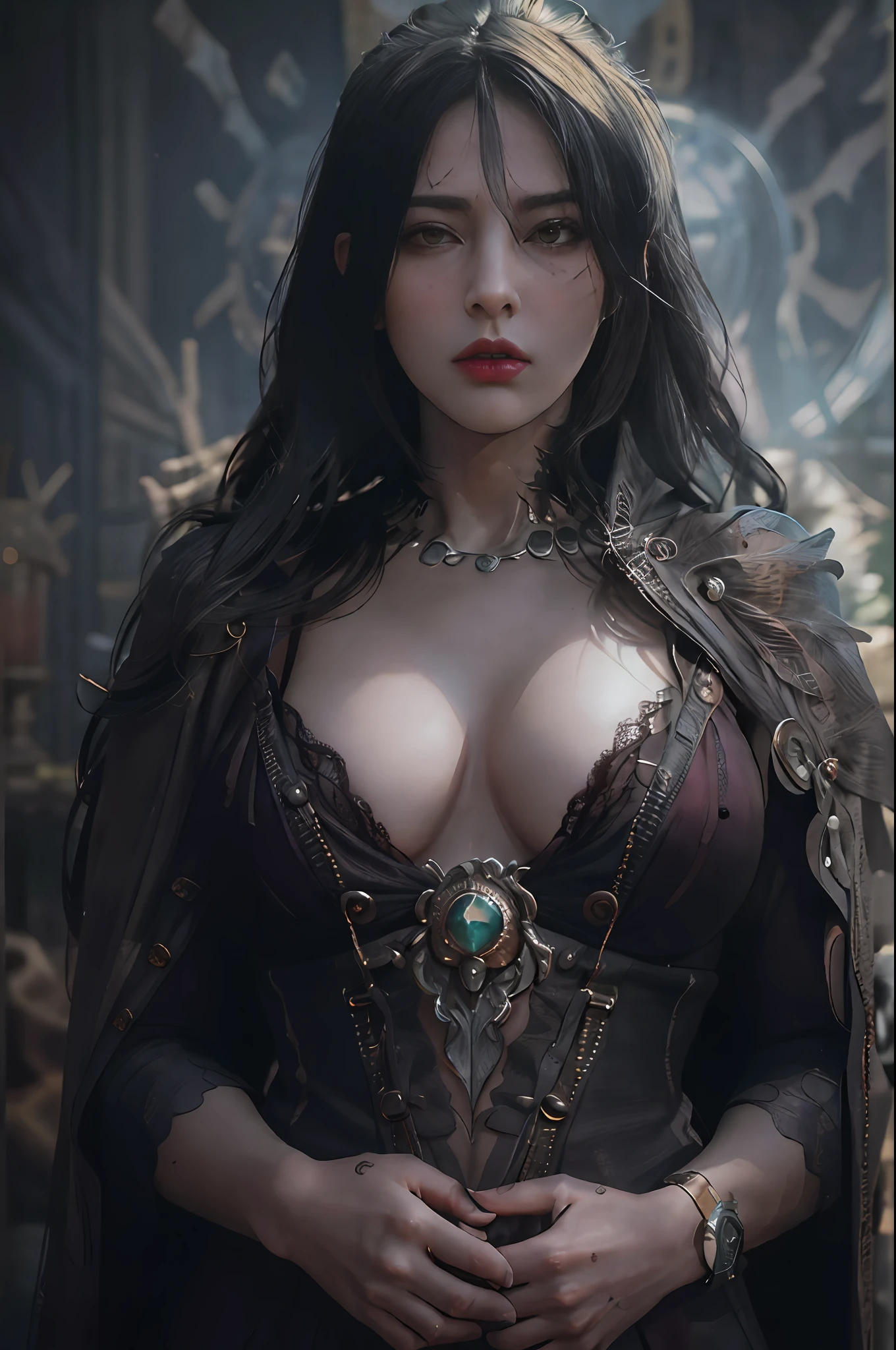 masterpiece, highest quality, RAW, analog style, A stunning portrait of a beautiful woman, morrigan, breast, wearing a mage robe, ((highly detailed skin, skin details)), sharp focus, 8k UHD, DSLR, high quality, film grain, Fujifilm XT3, polaroid, frowning, intricately details, highly detailed, cluttered and detailed background