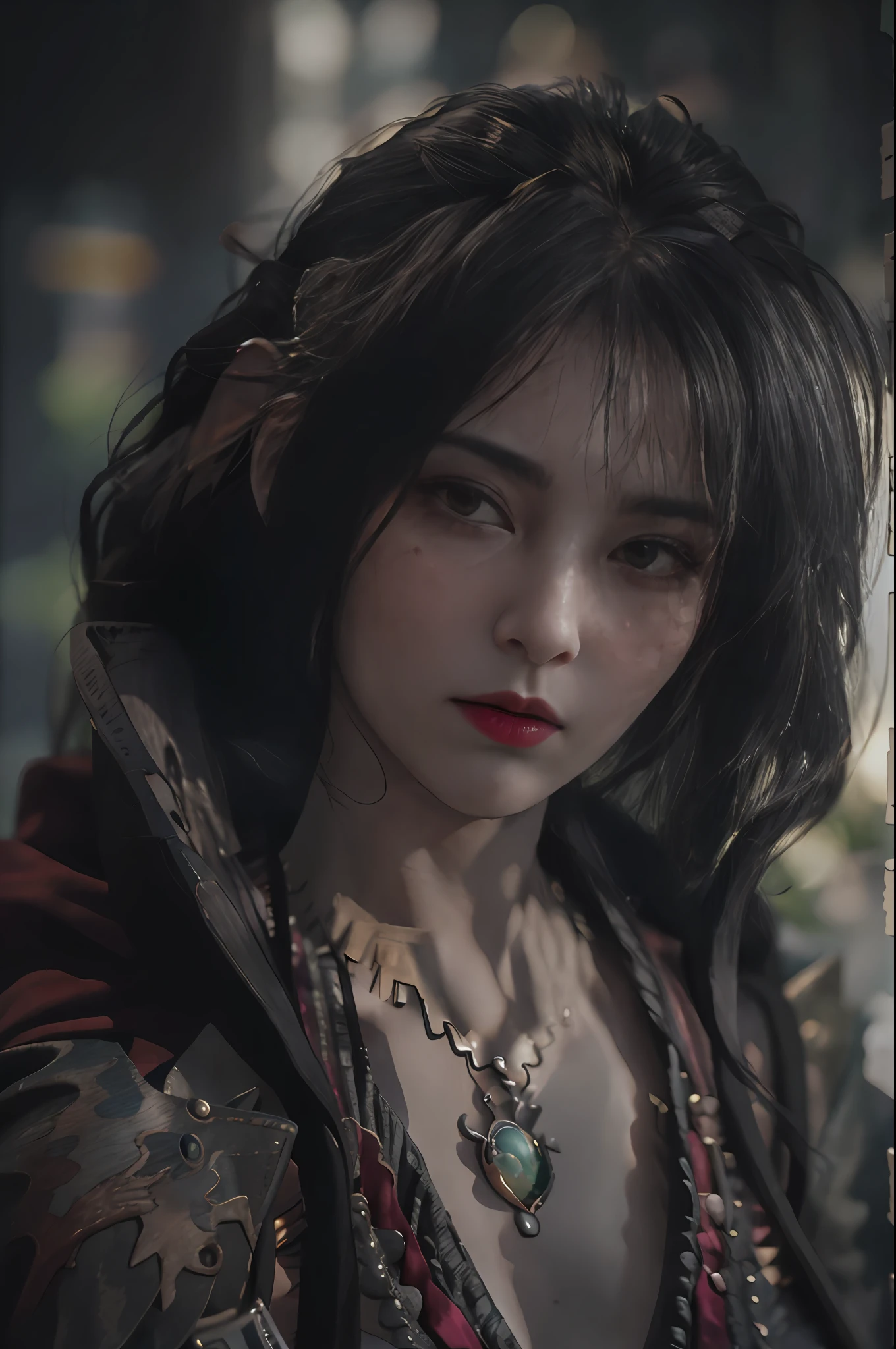 masterpiece, highest quality, RAW, analog style, A stunning portrait of a beautiful woman, morrigan, breast, wearing a mage robe, ((highly detailed skin, skin details)), sharp focus, 8k UHD, DSLR, high quality, film grain, Fujifilm XT3, polaroid, frowning, intricately details, highly detailed, cluttered and detailed background