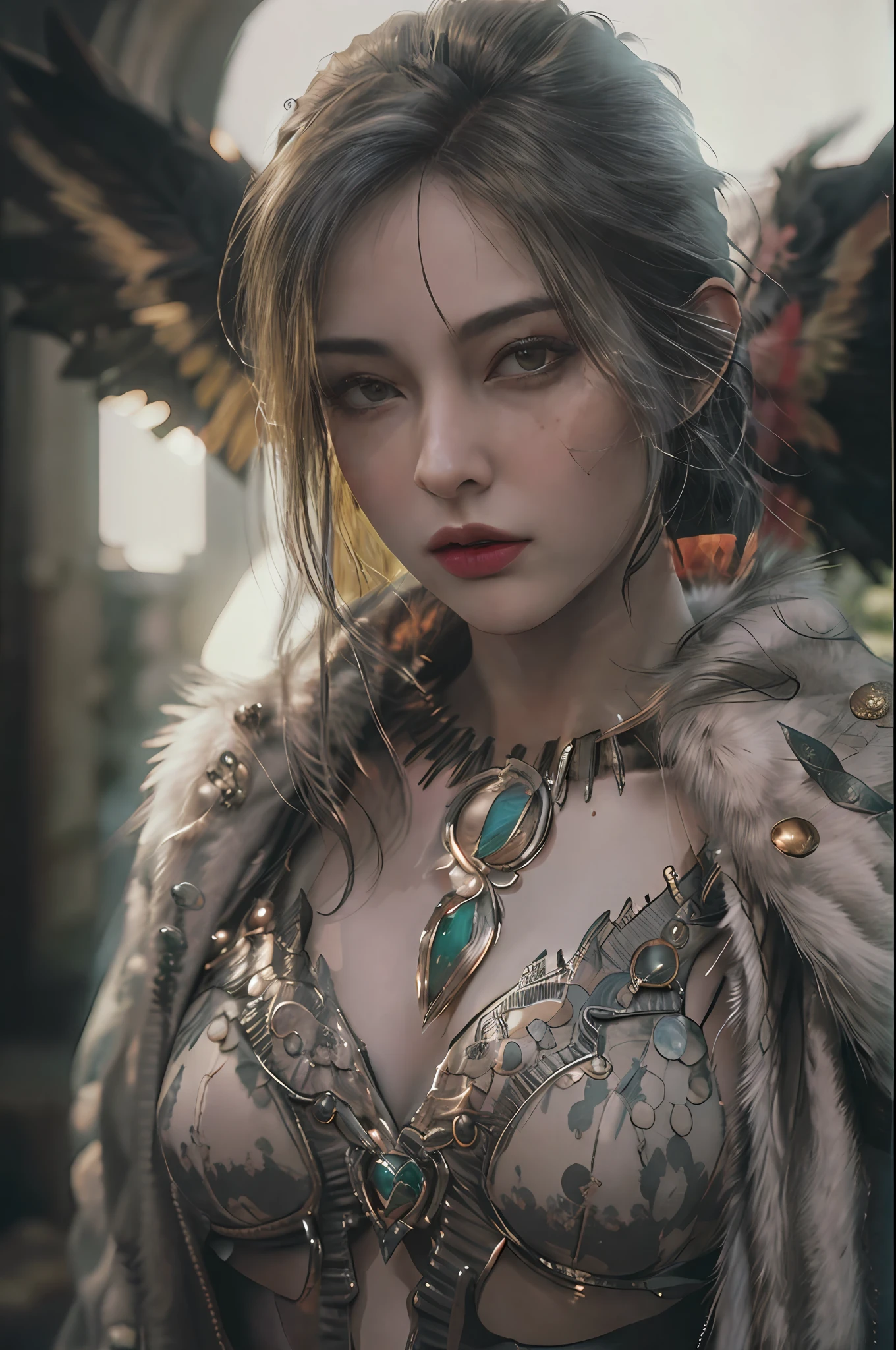masterpiece, highest quality, RAW, analog style, A stunning portrait of a beautiful woman, morrigan, breast, wearing a mage robe, ((highly detailed skin, skin details)), sharp focus, 8k UHD, DSLR, high quality, film grain, Fujifilm XT3, polaroid, frowning, intricately details, highly detailed, cluttered and detailed background