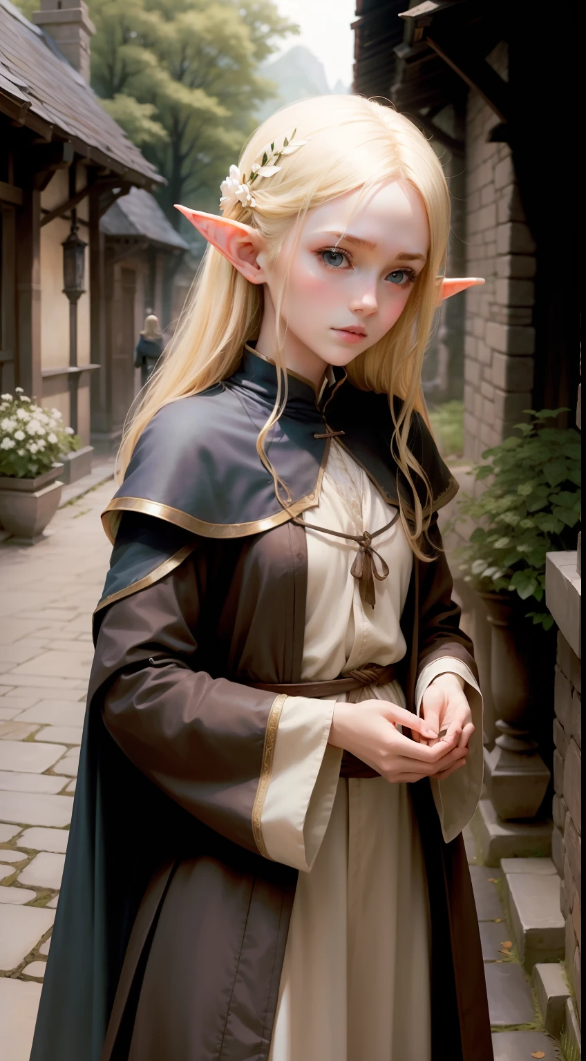 1girl in、Top image quality、elvish、A slender、a blond、ren、realisticlying、Light、Landscape of medieval Europe、Holding nothing in your hands、