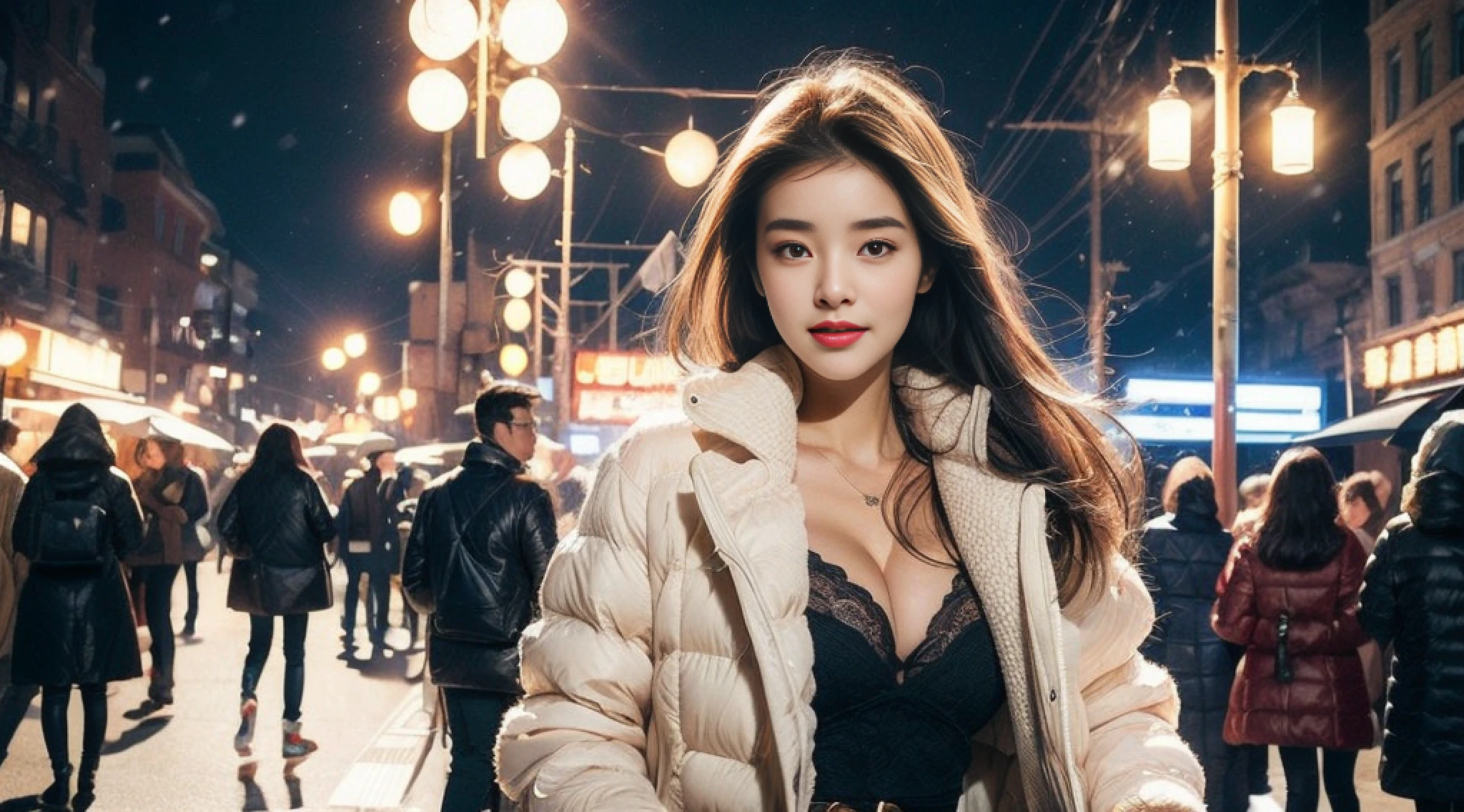 ((best qualtiy,tmasterpiece,超高分辨率)),(realisticlying:1.4),(Korean star poster-like),(((1girl))),From head to knees,Dynamic posture,adult face,Slim,(ssmile),(shiny skins),(contours,frontage,),whaite hair,long whitr hair,黑The eye,(big cleavage breasts),Top fashion,((White plush coat)),Lace,(short skirt),(Heavy snow:1.5,the night,city night scene),(Clear eyes),(Clear nose),(Clear lips),(Fair skin),(Ultra-realistic textile textures)