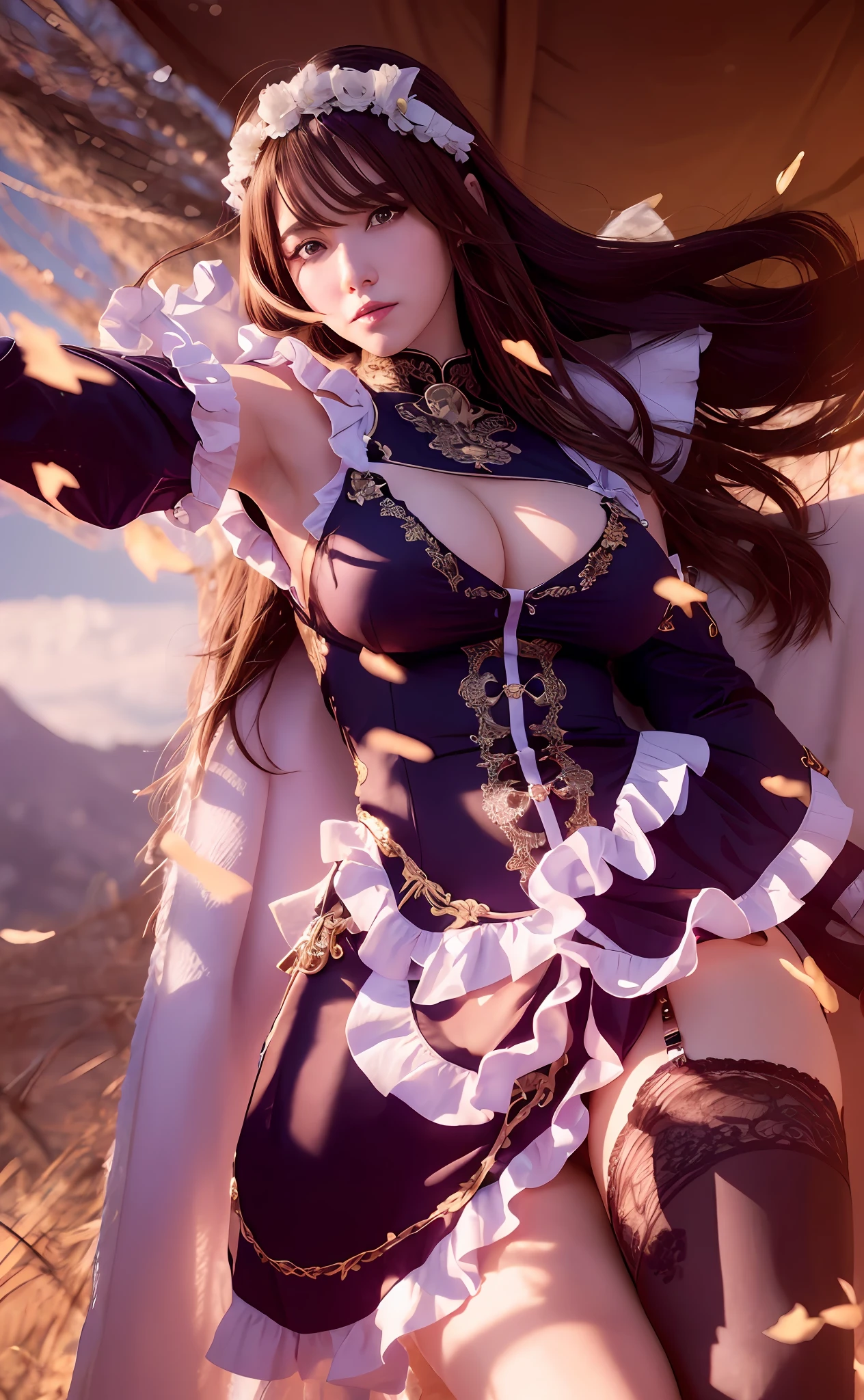 ((Best Quality, 4K, Masterpiece: 1.3)), (Detailed: 1.4), Reality, 1girl, a woman in a maid outfit holding a sword, zenra taliyah, katarina, style artgerm, miss fortune, ayaka genshin impact, miss fortune league of legends, irelia, A woman with maid outfit and stocking, A woman with long hair and brown hair, hair Bangs, bangs, beauty eyes, perfect eyes, beauty smile, natural smile, Big Breast, Huge Breast, Nice Thigh, 4K, HD, Ultra Realistic, extremely detailed, tfft