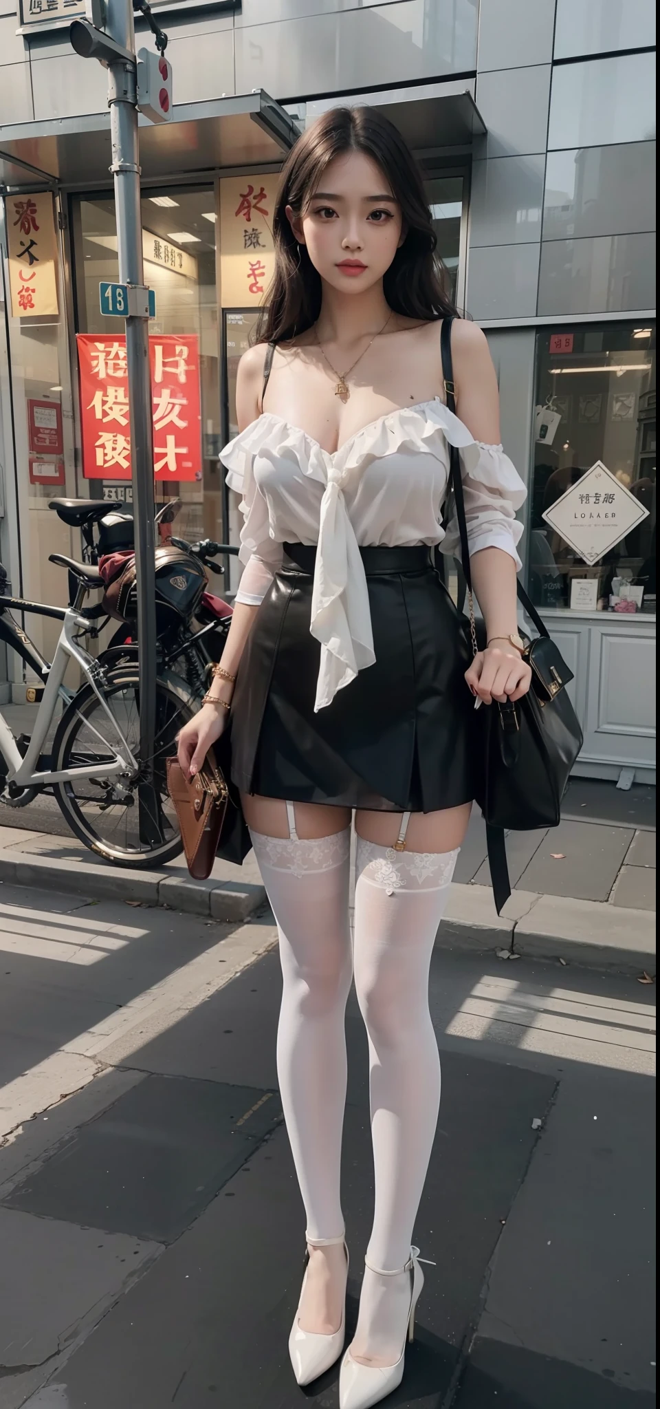Full body photo of beautiful sexy woman wearing short skirt and sewn stockings,Stands_straight,((独奏)),AS-Adult,high-heels,Craving sexual,medium wind_herself,(best qualtiy,A high resolution,tmasterpiece:1.4),A tall and beautiful woman,Dark brown hair in loose wavy styling,nedium breasts,Wear a pendant,Beautifully rendered details in face and skin textures,Detailed eyes,二重まぶた,Wearing flesh-colored stockings,Flesh-colored stockings,Wear transparent flesh-colored stockings,Wear clear, full-length flesh-colored stockings