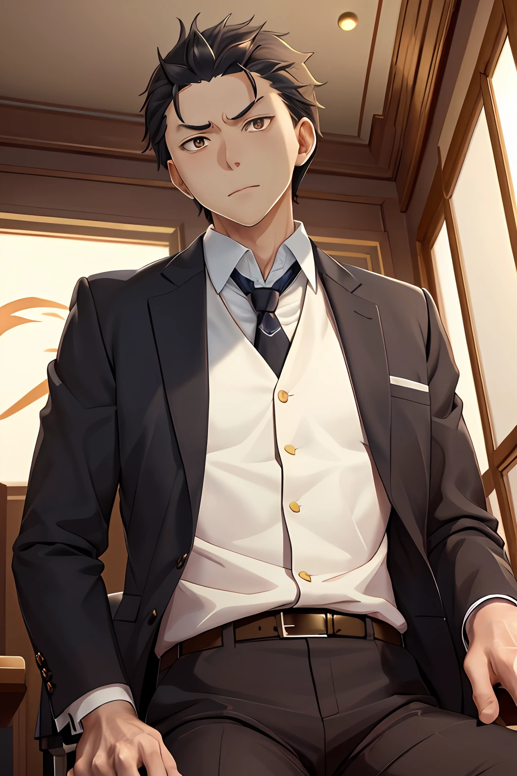 (Adult men:1.5),HD Natsuki Subaru style Pixiu masterpiece,extremely detaile,The man sits in a chair,Golden eyes(Glowing eyes),with short golden hair,in a white shirt,Wear a tie and belt,perspire,The angle of view is taken from below。