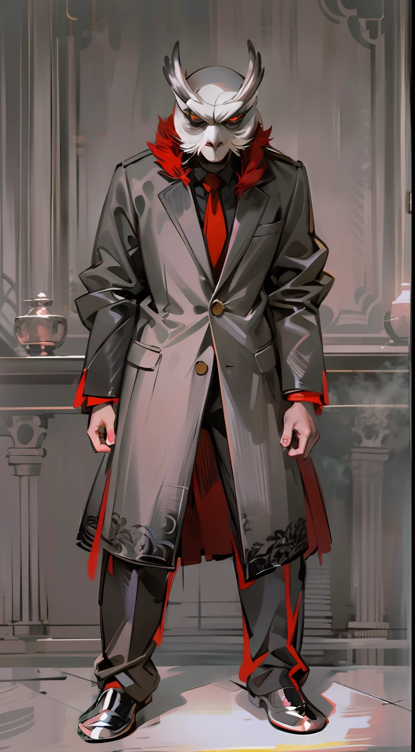 Two examiners, one of whom is an owl, a human demon,The two scarlet eyes were cold and cunning,Dressed in a crisp classic suit,There is an ancient and mysterious sense of sect,It seems that the teacher of this school is not low status,Full body photo,Faraway view