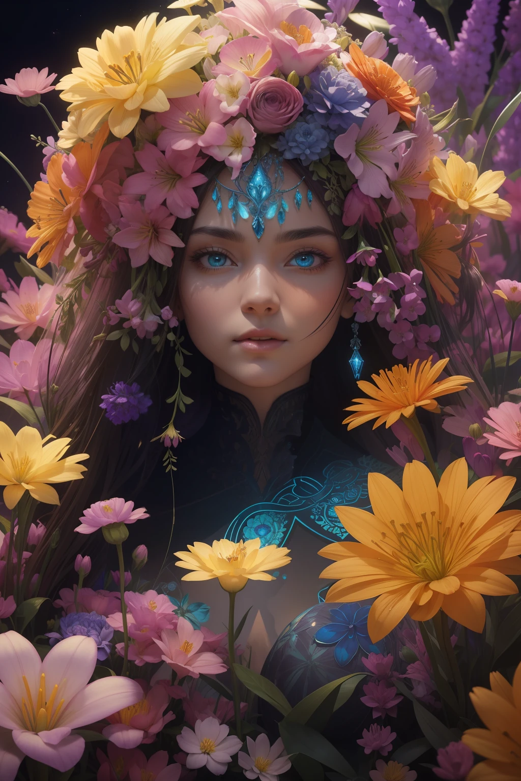 Title: Extraterrestrial Botanical EncounterYou are a skilled digital artist who finds themselves amid an unbelievable interstellar journey. While exploring a distant alien planet, you stumble upon an awe-inspiring field of colorful long-stemmed flowers unlike anything seen on Earth. These exotic blooms exude a captivating vibrancy and their unique beauty beckons you to capture their essence in a set of breathtaking images.Your task is to produce a series of high-quality images that showcase these extraordinary flowers arranged neatly in five rows of eight plants each. The arrangement will be set against a striking black background to enhance their radiant colors. also show these flowers in a nouquet The key to this project is to depict the flowers in a photorealistic style, preserving their otherworldly allure while making them appear as if they belong in our very own realm.To achieve this, you must meticulously study each flower's intricate details, ensuring no nuance is overlooked. pixie, bioluminescent mushroom multiple composite flowers, 8k photorealistic sticker, flux, with starry eyes in blue and gold patterns with lilies, head and shoulders portrait, 8k resolution concept art portrait by Greg Rutkowski, Artgerm, WLOP, Alphonse Mucha, Giuseppe Arcimboldo, intricate details, highly detailed;, dynamic lighting hyperdetailed intricately detailed Splash art trending on Artstation triadic colors Unreal Engine 5 volumetric lighting.