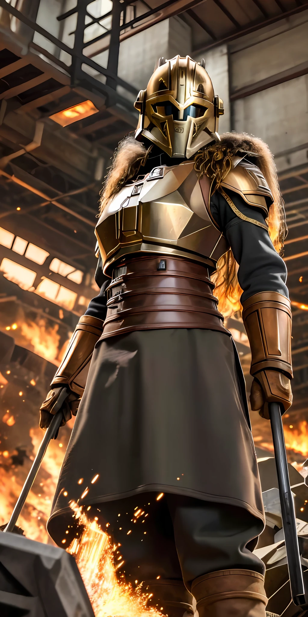 Portrait photo of an alpha female, intricate armor, thearmorer, long hair, (((busty))), big breast, in a worn mecha suit, intricate, (rust), sharp focus, photo by greg rutkowski, soft lighting, vibrant colors, masterpiece, anvil, raw metal, melted metal, fire smelter, (((blurred fire crackle))), blurred background, forging, hammer, (((indoor smelter))), cowboy shot, dynamic pose,