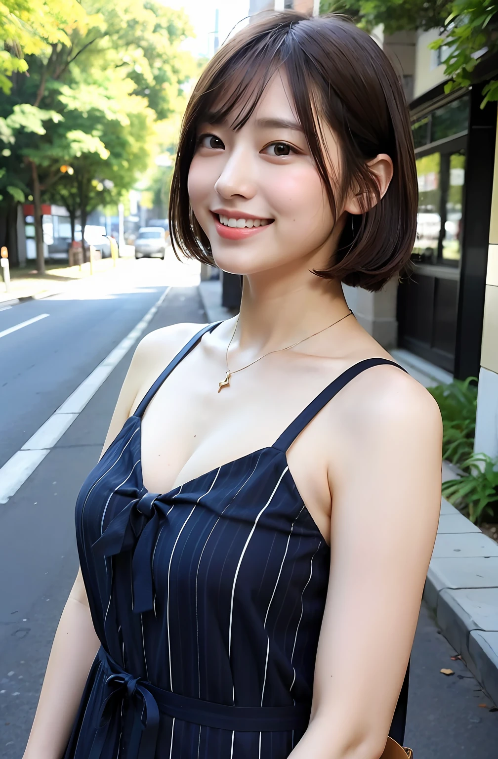 ((8K:1.27)、top-quality、masterpiece、超A high resolution:1.2)Photo Beautiful Japan woman(pleasing:1.1) (The shirt:1.21) Elegance、There is a good、Gradient lighting、1girl in、Delicate skin、Look here、Brown-eyed、(short hair with bangs:1.2)、(breasts are large:1.0)、(medium areola:0.8)、(realisitic:1.4)、(top-quality:1.0)、(超A high resolution:1.0)、8K、to stand、erect through、Raw photography、(masterpiece:0.2)、(pure eros face V1:0.5)、 Striped Tie Shoulder Cami Dress,border、white clothes、a necklace、Kamimei、date、excited expressions、Red cheeks、want me、Staring at this、subject、Lean、firm cheeks、Look here、Laugh、Futomo、sandal、Beautiful thighs、Kinda chubby、Beautiful thighs、Angle from the front、Composition looking up from slightly below.、Upright directly in front of the camera、The city of Ginza、Street Trees、early evening、The sun of the west hits the chest、tote bags、facing front、arms in arms、