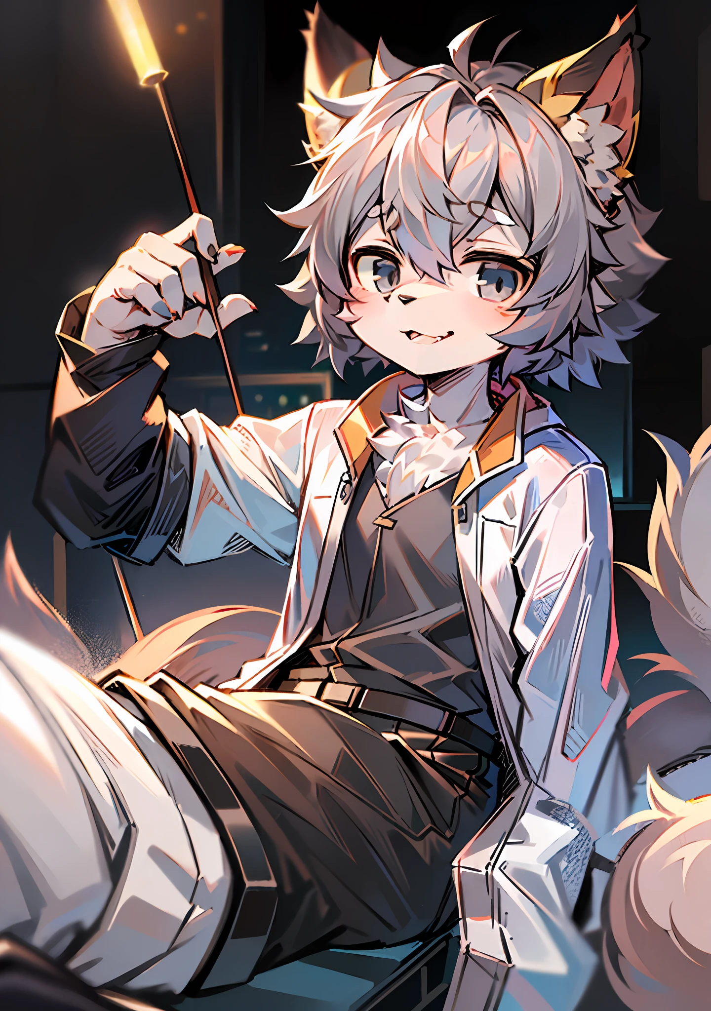 eyes with brightness,Full body photo of the character,Q version,头像框, Character focus,独奏, shaggy, Furry male cat, White fur for men, Gray eye, Gray hair(The long) style,Little cute, Will sell moe,Wear lab gown and black pants,Has two tails