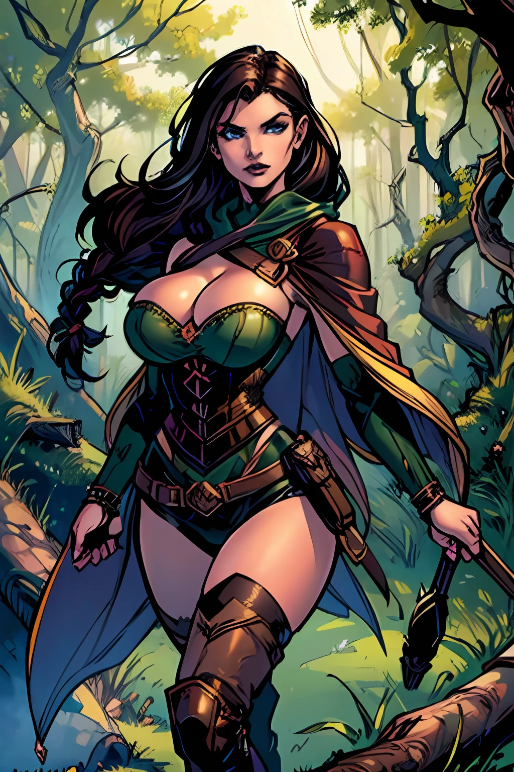 (masterpiece, top quality, best quality, official art, beautiful and aesthetic:1.2), (1girl:1.3), dark brown hair in a single braid, extremely detailed, portrait, looking at viewer, solo, (full body:0.6), detailed background, close up, cat eyes, (warm summer forest theme:1.1), elf ranger, charlatan, smirk, mysterious, walking in forest, revealing ranger attire, brown leather, cowl, cloak, corset, long boots, buckles, straps, pouches, bow and arrow, green fabric, brown leather, (gigantic breasts, skindentation, cleavage), slim waist, slim hips, long legs, medieval (forest exterior:1.1) background, dark mysterious lighting, shadows, magical atmosphere, dutch angle