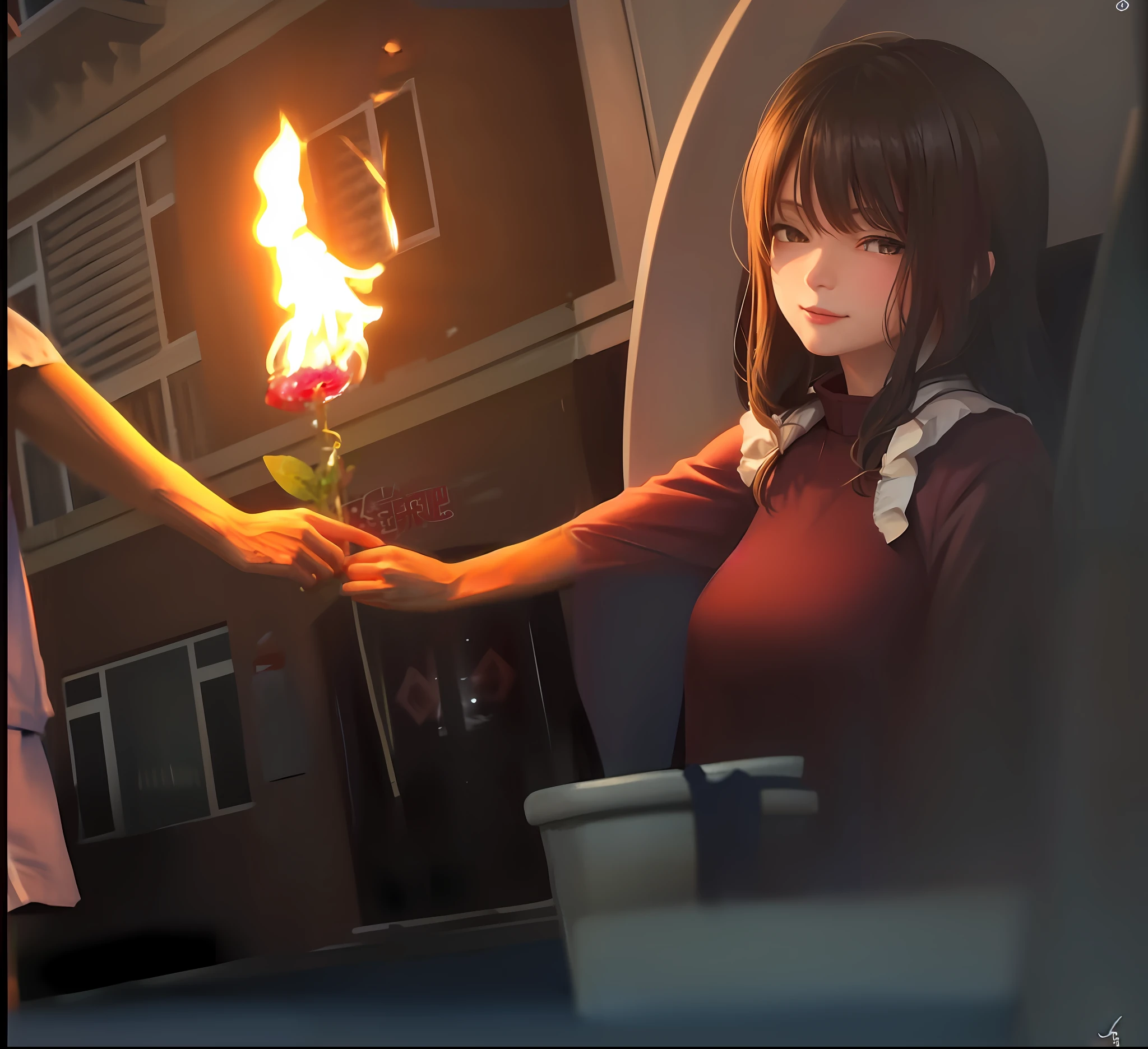 (The picture is delicate+真实感:1.5+Impressive),(High Picture Quality,A high resolution),astonishing detail,enchanting atmosphere,Beautiful painting style,Soft lighting,Mysterious and romantic scene,Quiet nights,(Woman in the Mist,Dark red clothing:1.2),(Smiling face,Deep eyes),rich details,Delicate brushstrokes,perfect color matching,Natural and harmonious background,A heart-warming sight"。"