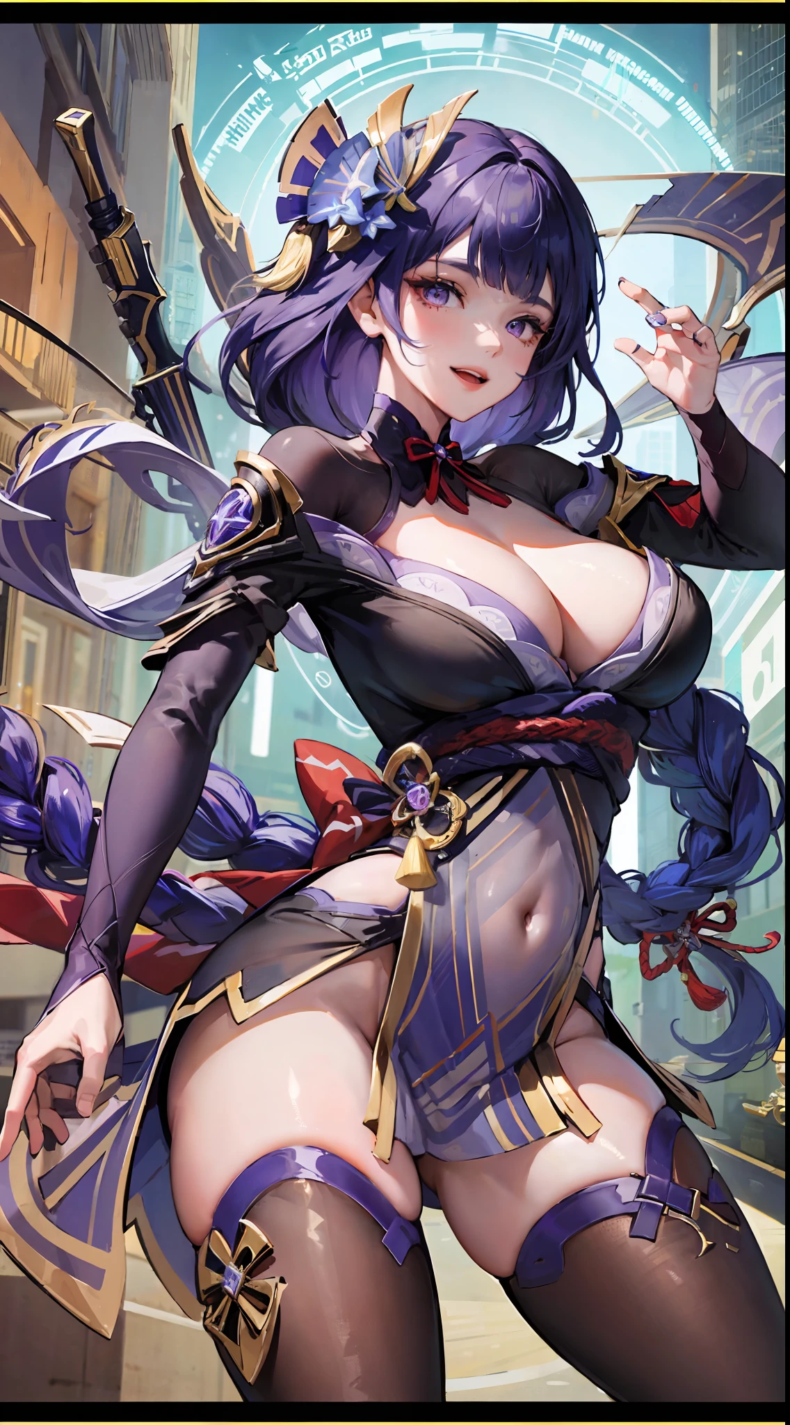 Raiden General Genshin Impact ,ssee-through,Fleshy thighs,Pose,Poster publicity style,Simetall,busty figure,C cup,Happy expression