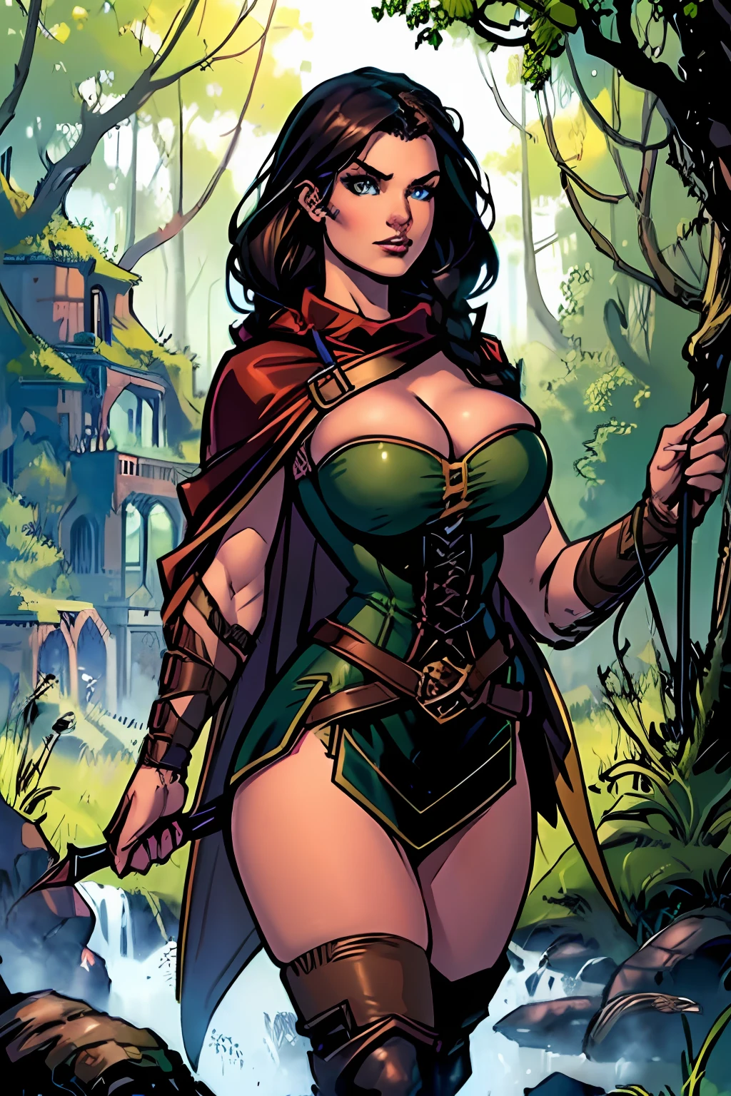 (masterpiece, top quality, best quality, official art, beautiful and aesthetic:1.2), (1girl:1.3), dark brown hair in a single braid, extremely detailed, portrait, looking at viewer, solo, (full body:0.6), detailed background, close up, cat eyes, (warm summer forest theme:1.1), elf ranger, elegant face, long face, charlatan, smirk, mysterious, walking in forest, revealing ranger attire, brown leather, cowl, cloak, corset, long boots, buckles, straps, pouches, bow and arrow, green fabric, brown leather, ((gigantic , skindentation, cleavagm waist, slim hips, long legs, medieval (forest exterior:1.1) background, dark mysterious lighting, shadows, magical atmosphere, dutch angle