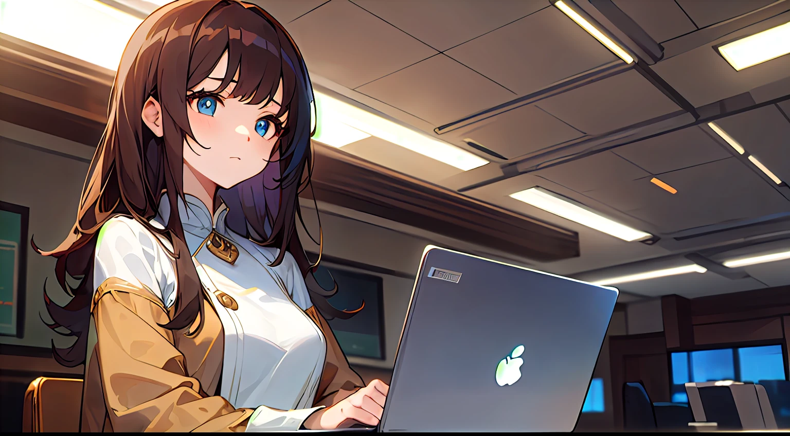 early evening、Indoor Coffee Stylish、Adult woman in anime looking for a seat on laptop((Holding a folded laptop and coffee))、25-years old、Upper body, mid-shot, femele, Detailed eyes, ((Beautiful woman using laptop)), ,Semi-long hair, Brown hair, Bangs,look up at the ceiling、His arms folded、Everyday clothes、Clothes without a collar、Fashionable、Long sleeves,、frontage、 Thinking、Beige costume