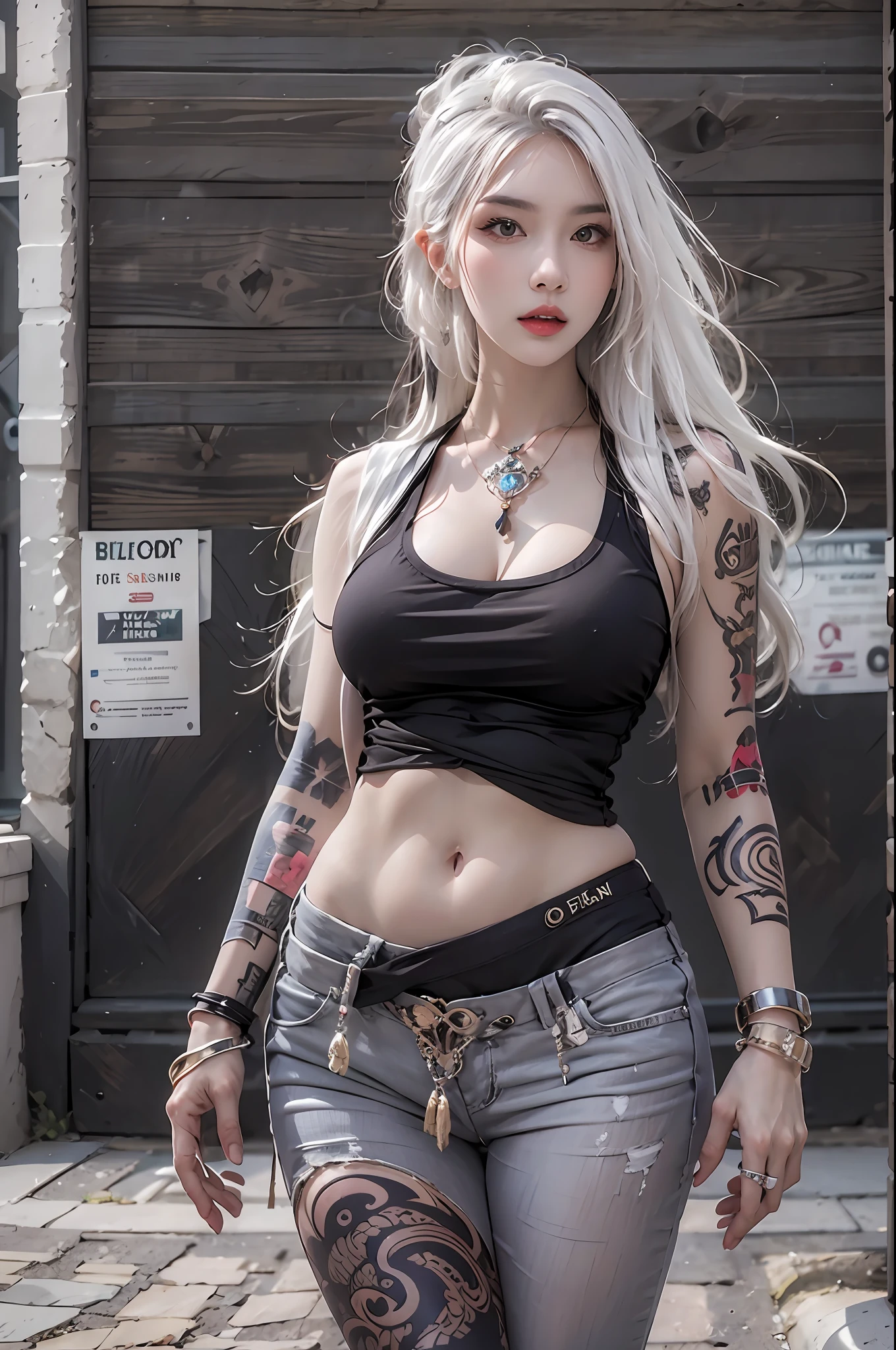 photorealistic, high resolution, 1women, solo, hips up, look at viewer, (detailed face), white hair, long hair, street wear, jewelry, belly tattoo